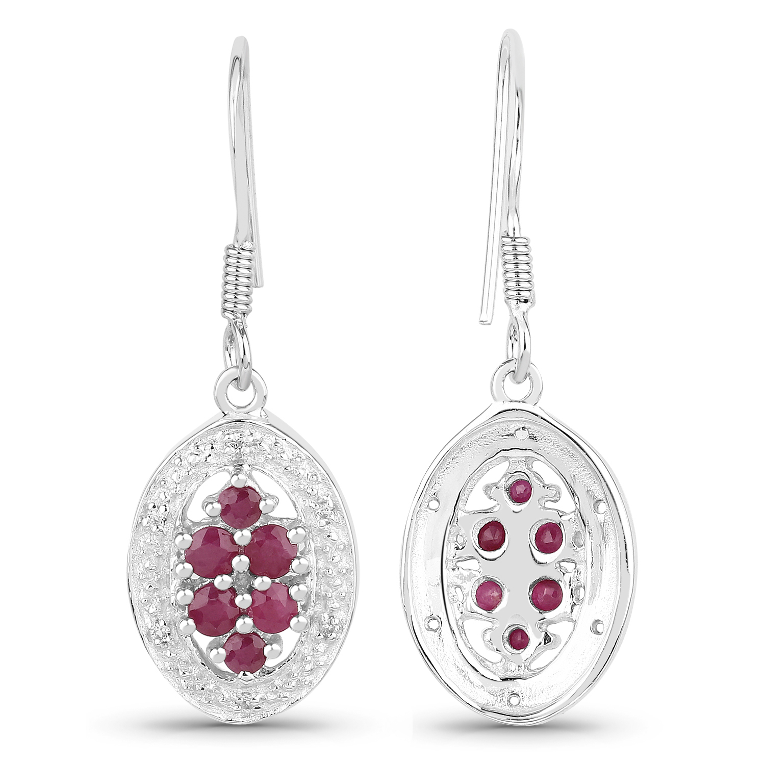 1.14 Carat Genuine Ruby & White Diamond .925 Sterling Silver Earrings