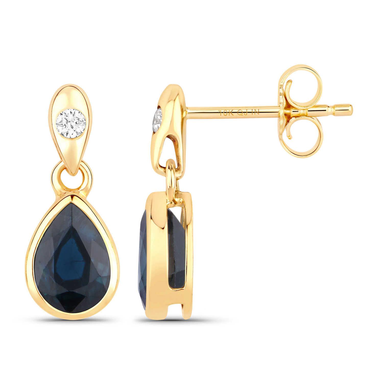1.65 Carat Genuine Blue Sapphire and White Diamond 10K Yellow Gold Earrings