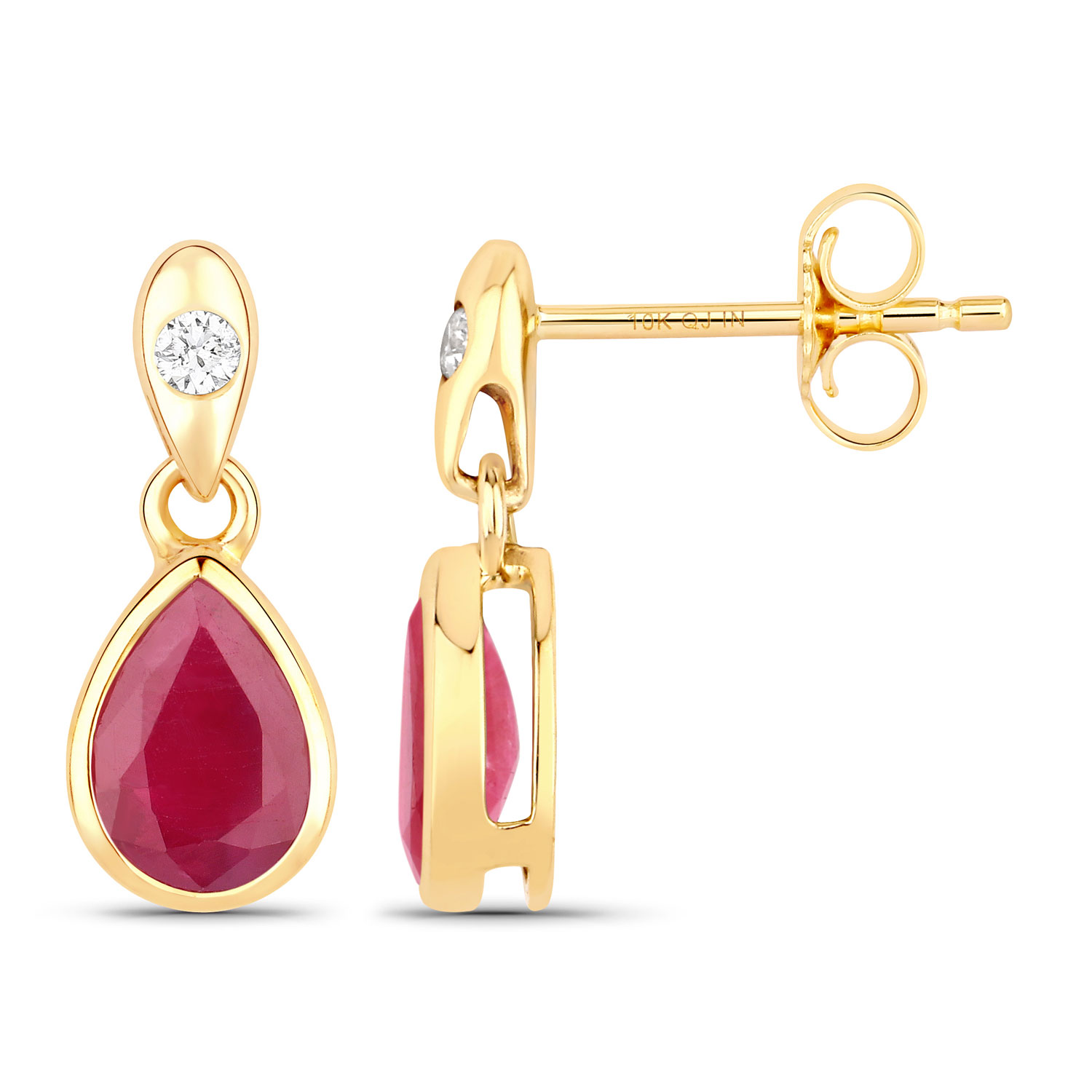 1.65 Carat Genuine Ruby and White Diamond 10K Yellow Gold Earrings