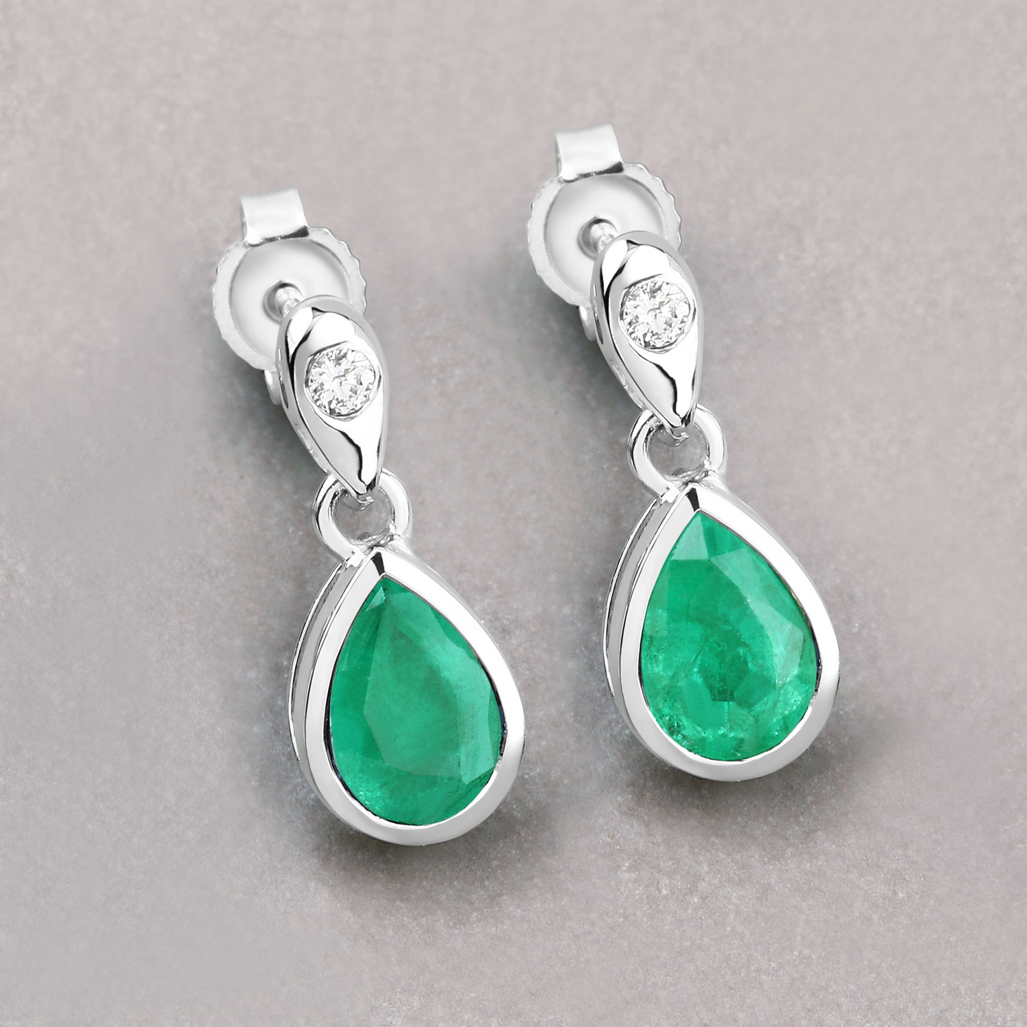 1.35 Carat Genuine Zambian Emerald and White Diamond 10K White Gold Earrings