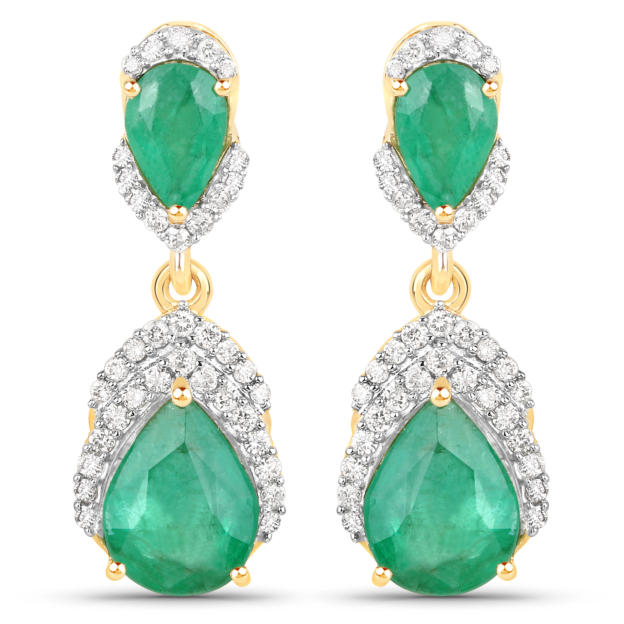 3.20 Carat Genuine Zambian Emerald and White Diamond 14K Yellow Gold Earrings