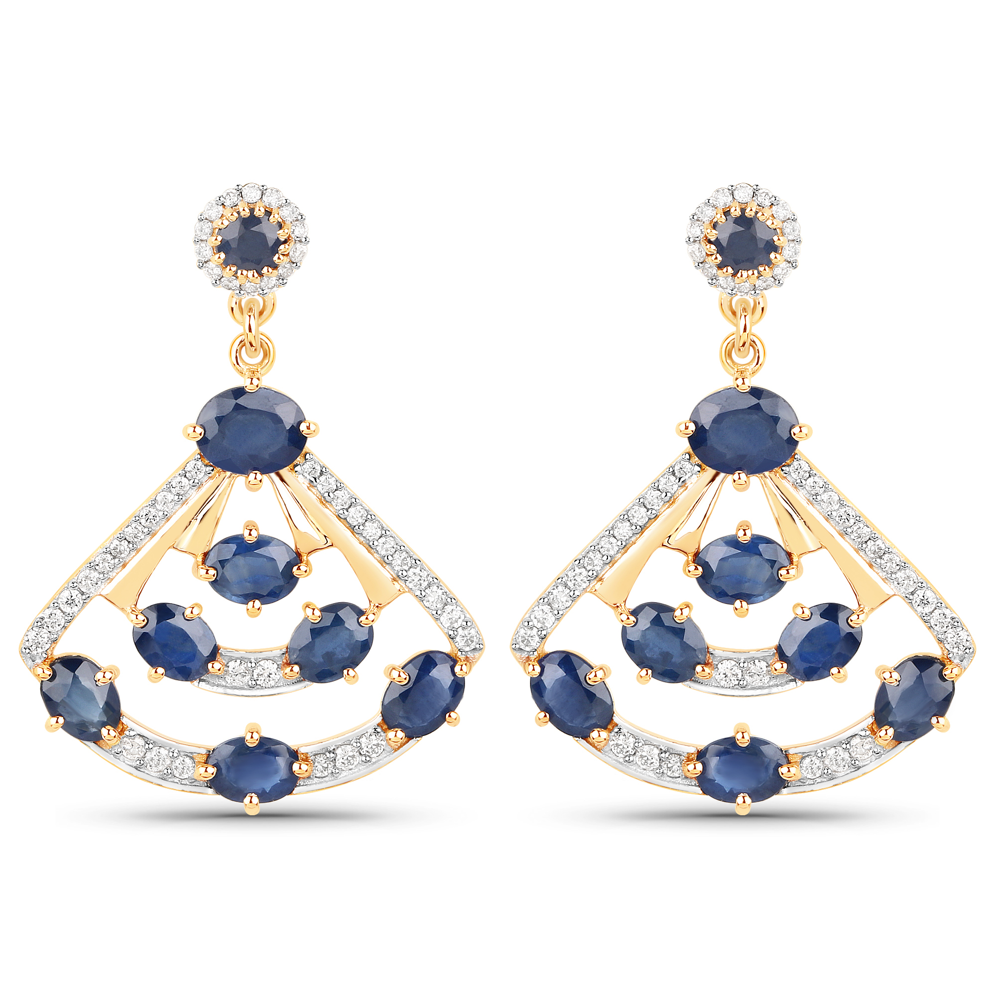 3.66 Carat Genuine Blue Sapphire and White Diamond 14K Yellow Gold Earrings