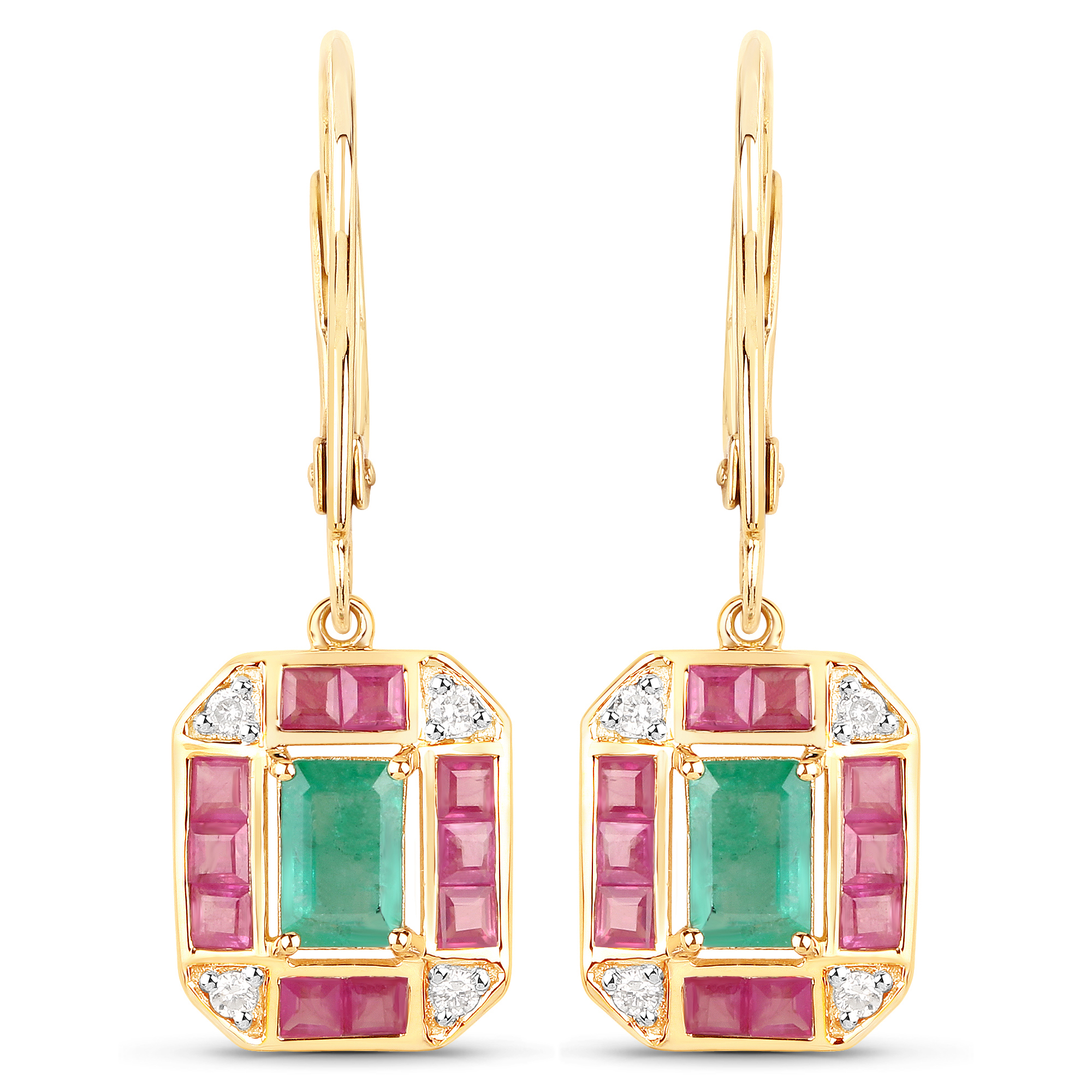 2.41 Carat Genuine Zambian Emerald, Ruby and White Diamond 14K Yellow Gold Earrings