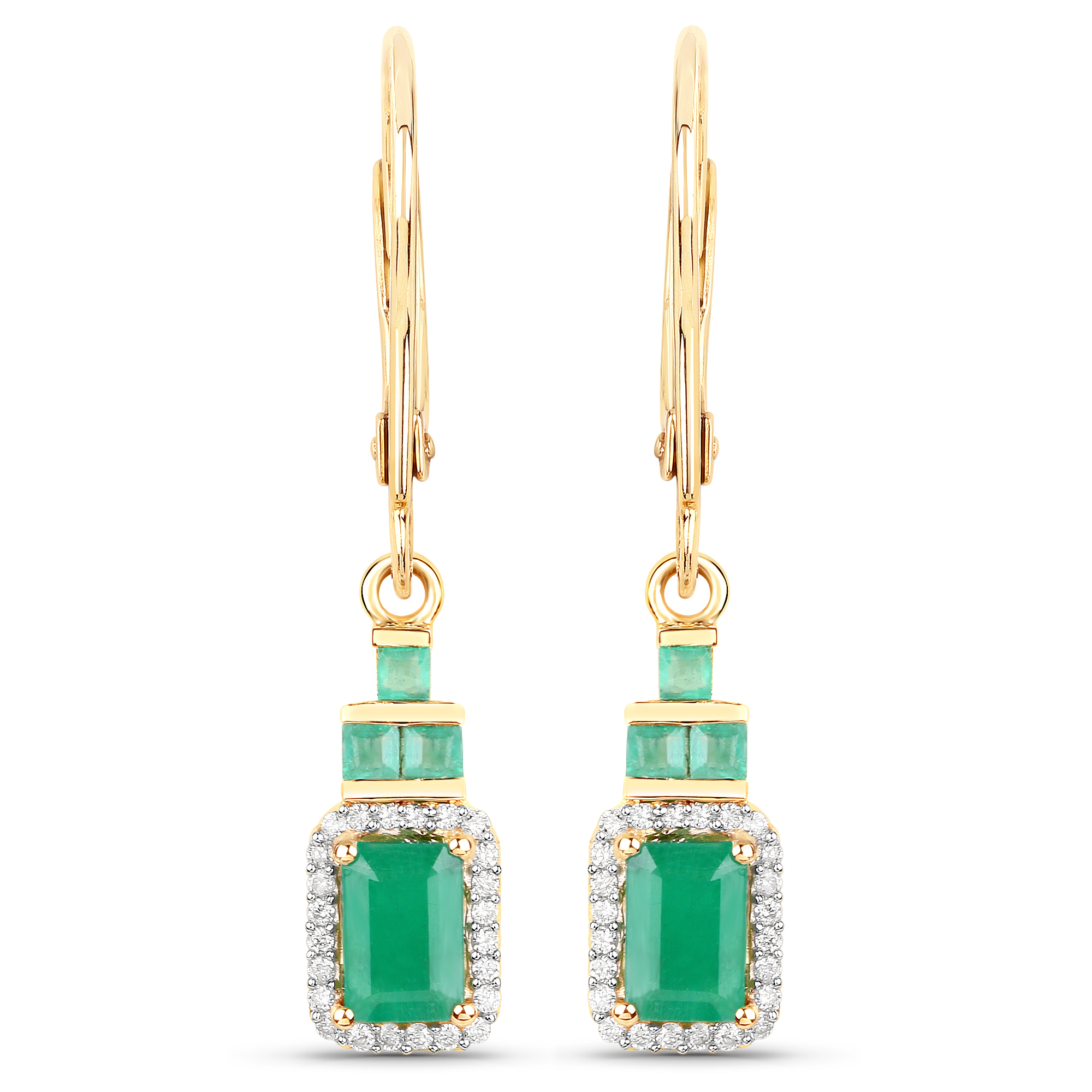 1.57 Carat Genuine Zambian Emerald and White Diamond 14K Yellow Gold Earrings