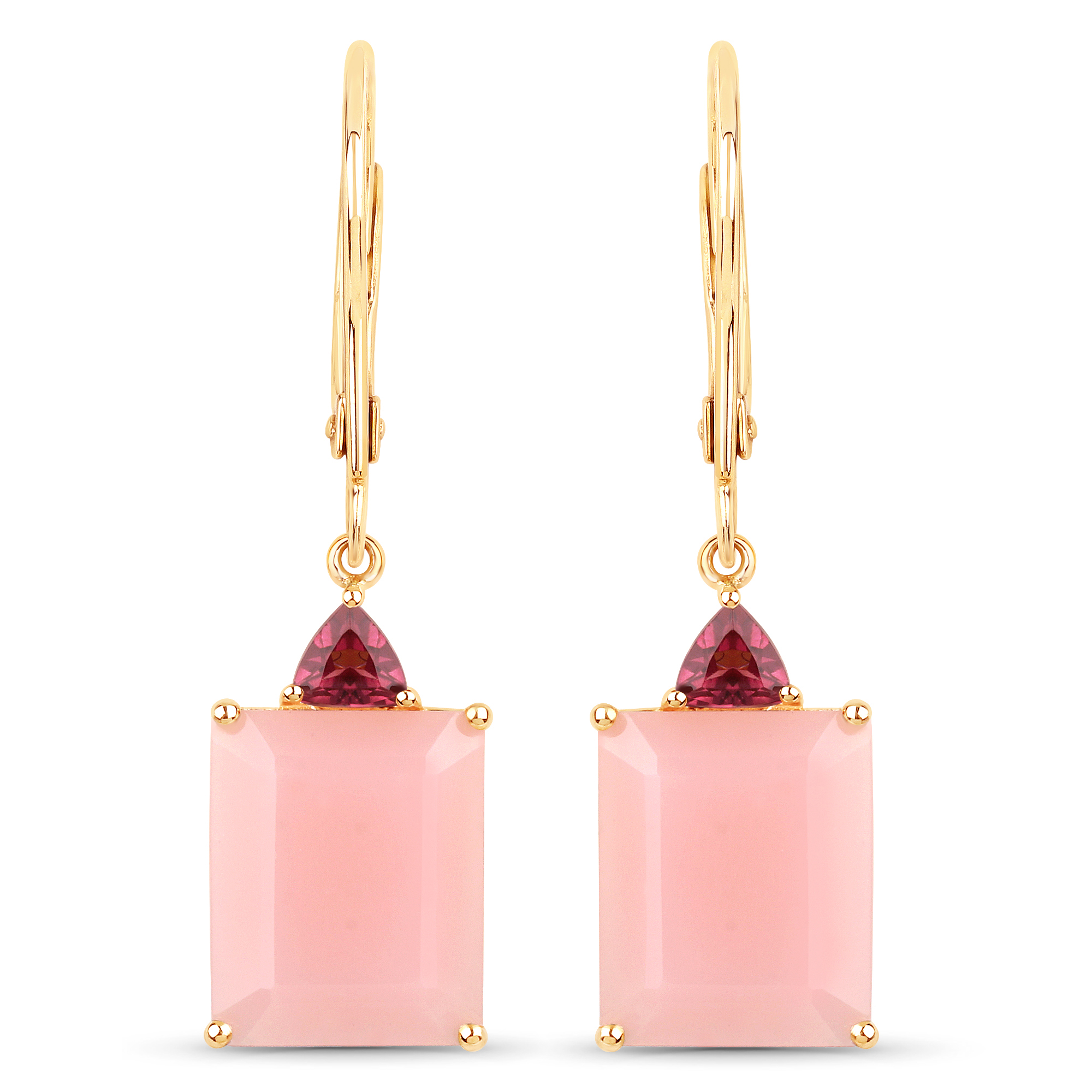 7.20 Carat Genuine Pink Opal and Rhodolite 14K Yellow Gold Earrings
