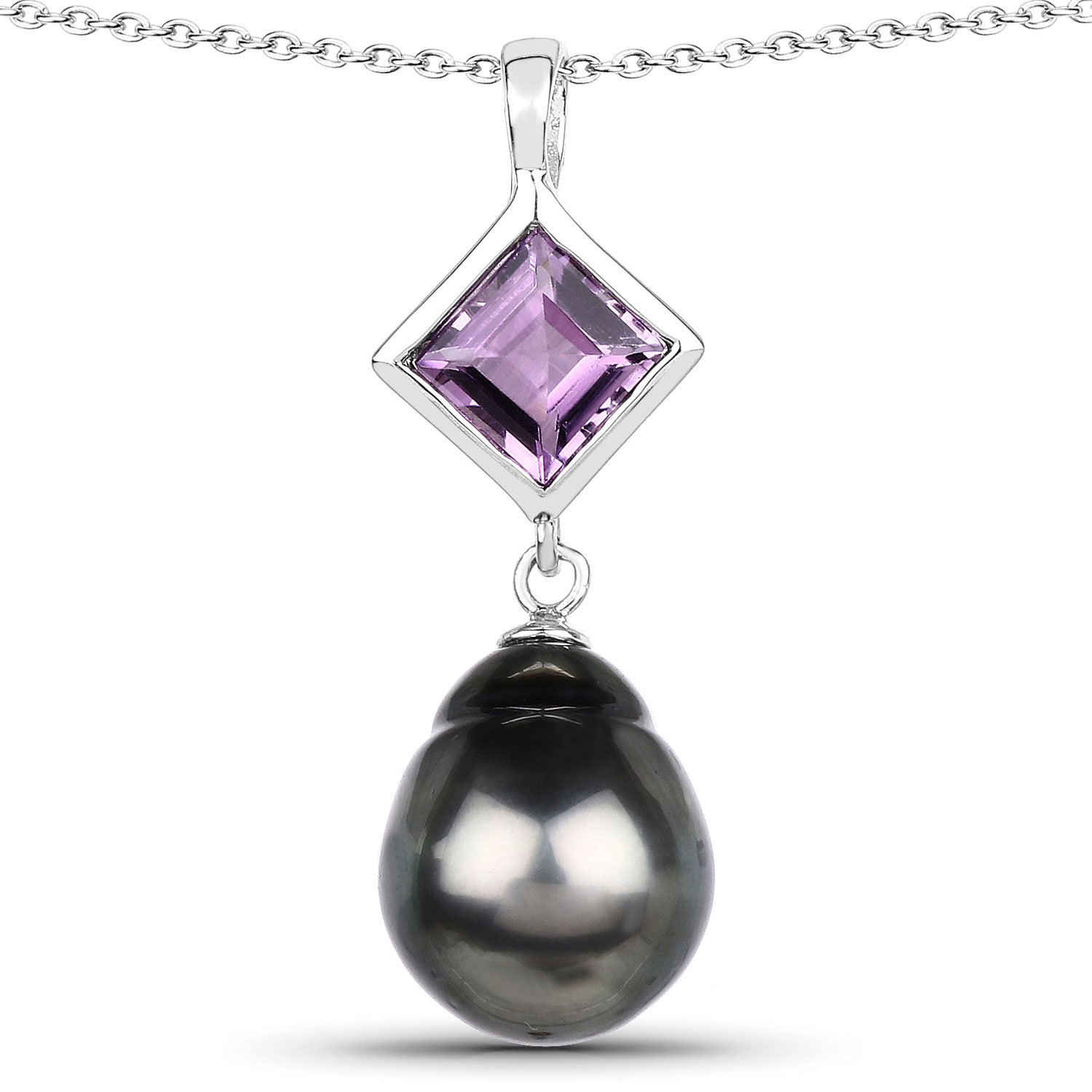 1.50 Carat Genuine Amethyst and Tahitian Cultured Pearl .925 Sterling Silver Pendant