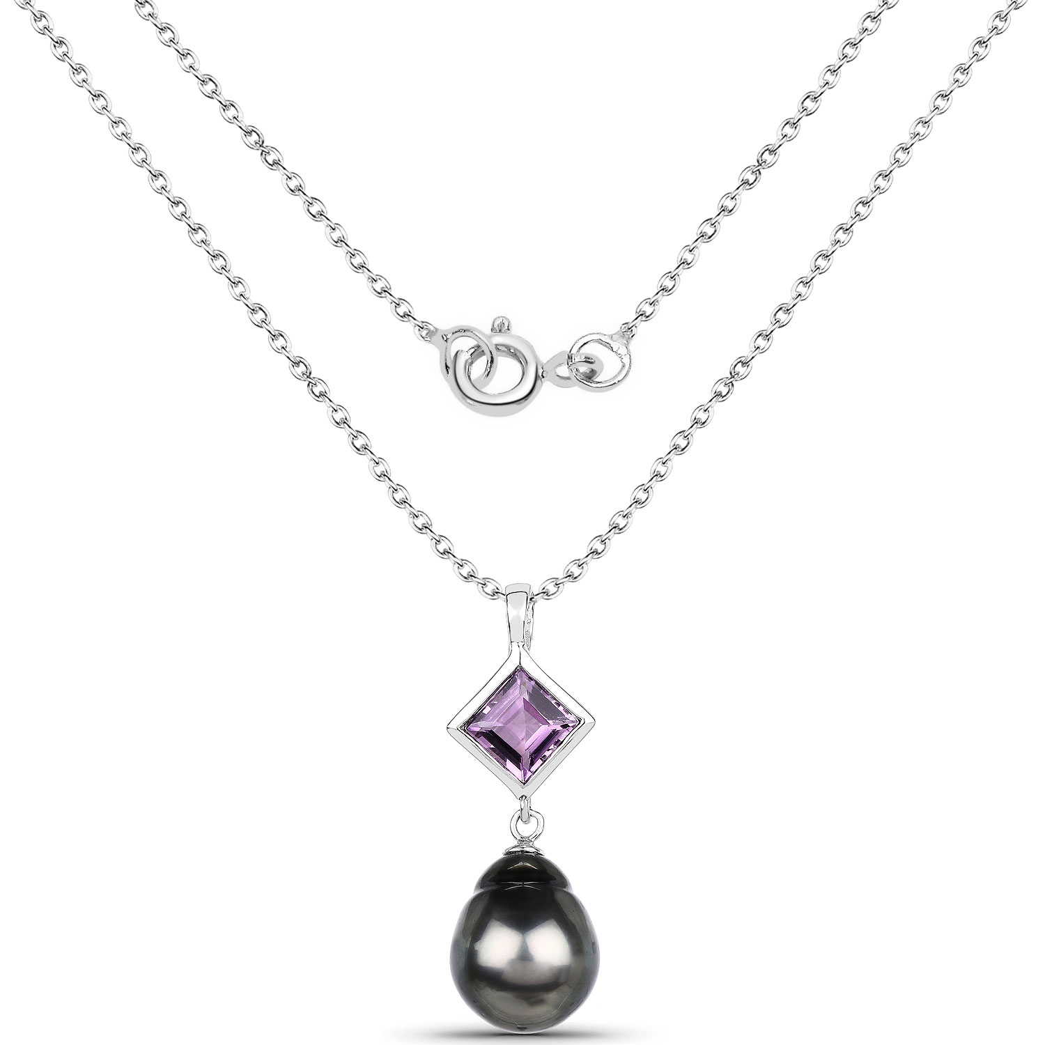1.50 Carat Genuine Amethyst and Tahitian Cultured Pearl .925 Sterling Silver Pendant