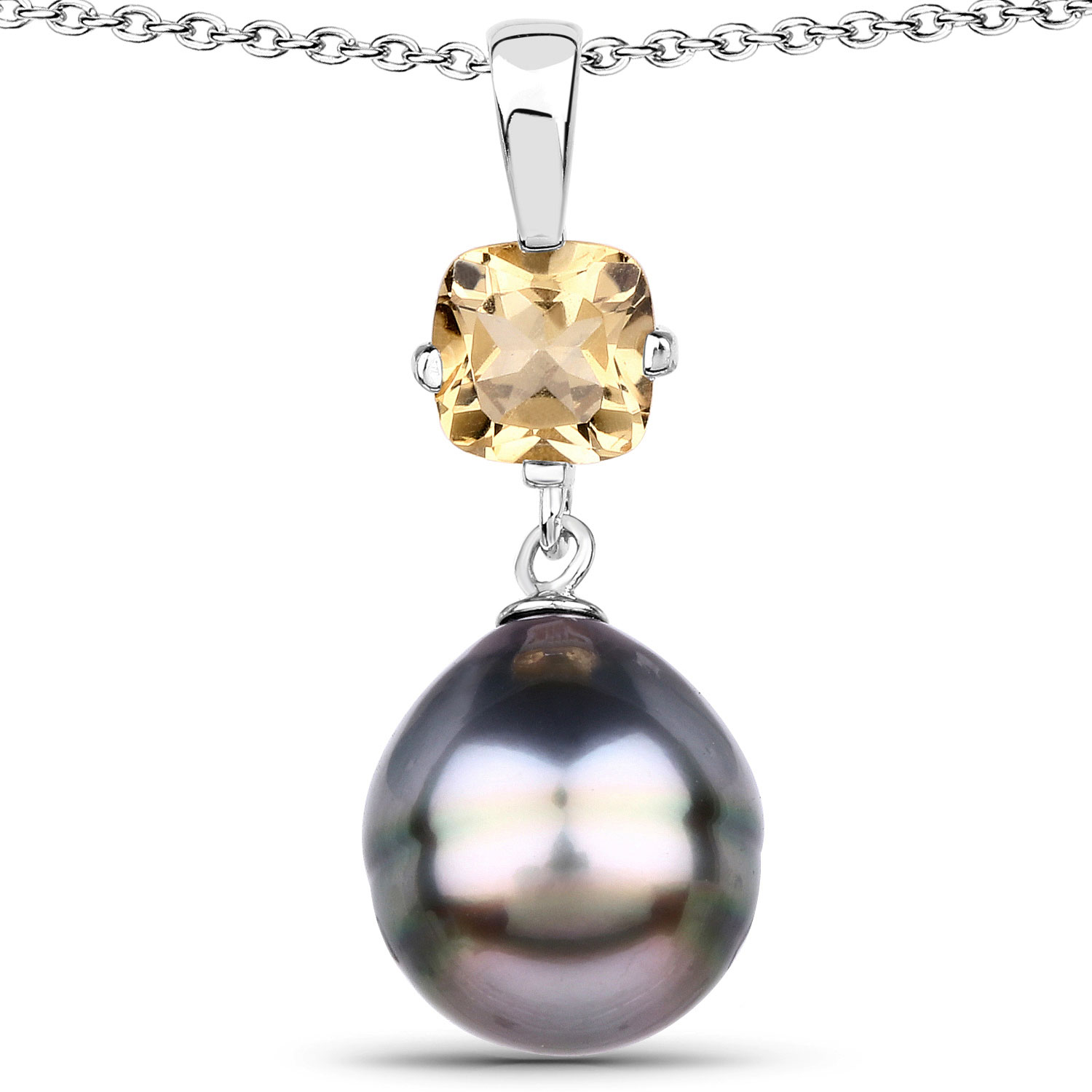 0.92 Carat Genuine Citrine and Tahitian Cultured Pearl .925 Sterling Silver Pendant