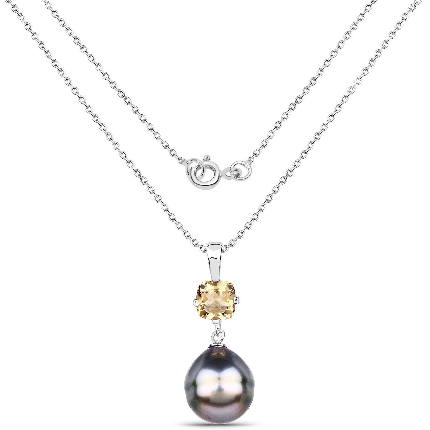 0.92 Carat Genuine Citrine and Tahitian Cultured Pearl .925 Sterling Silver Pendant