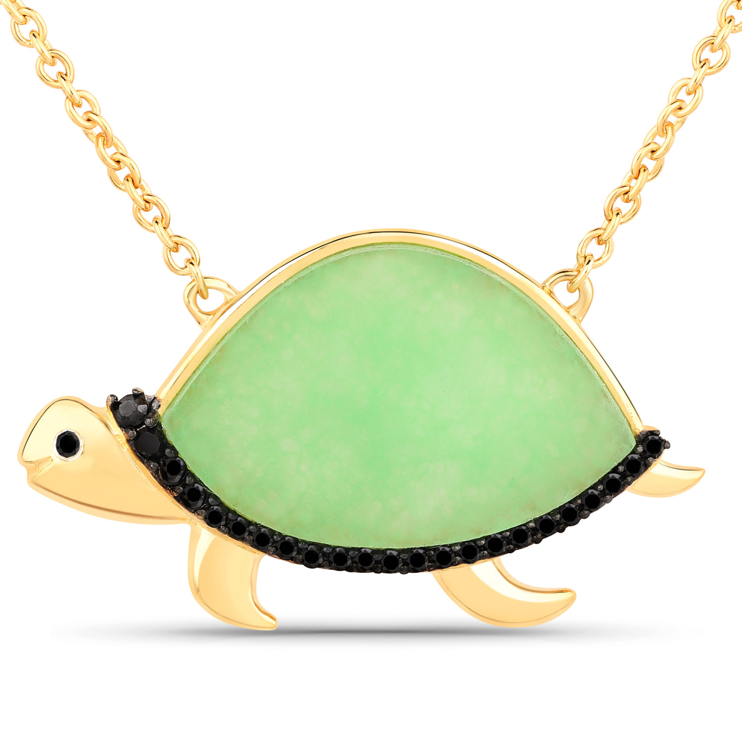 5.96 Carat Genuine Green Jade and Black Diamond .925 Sterling Silver Necklace