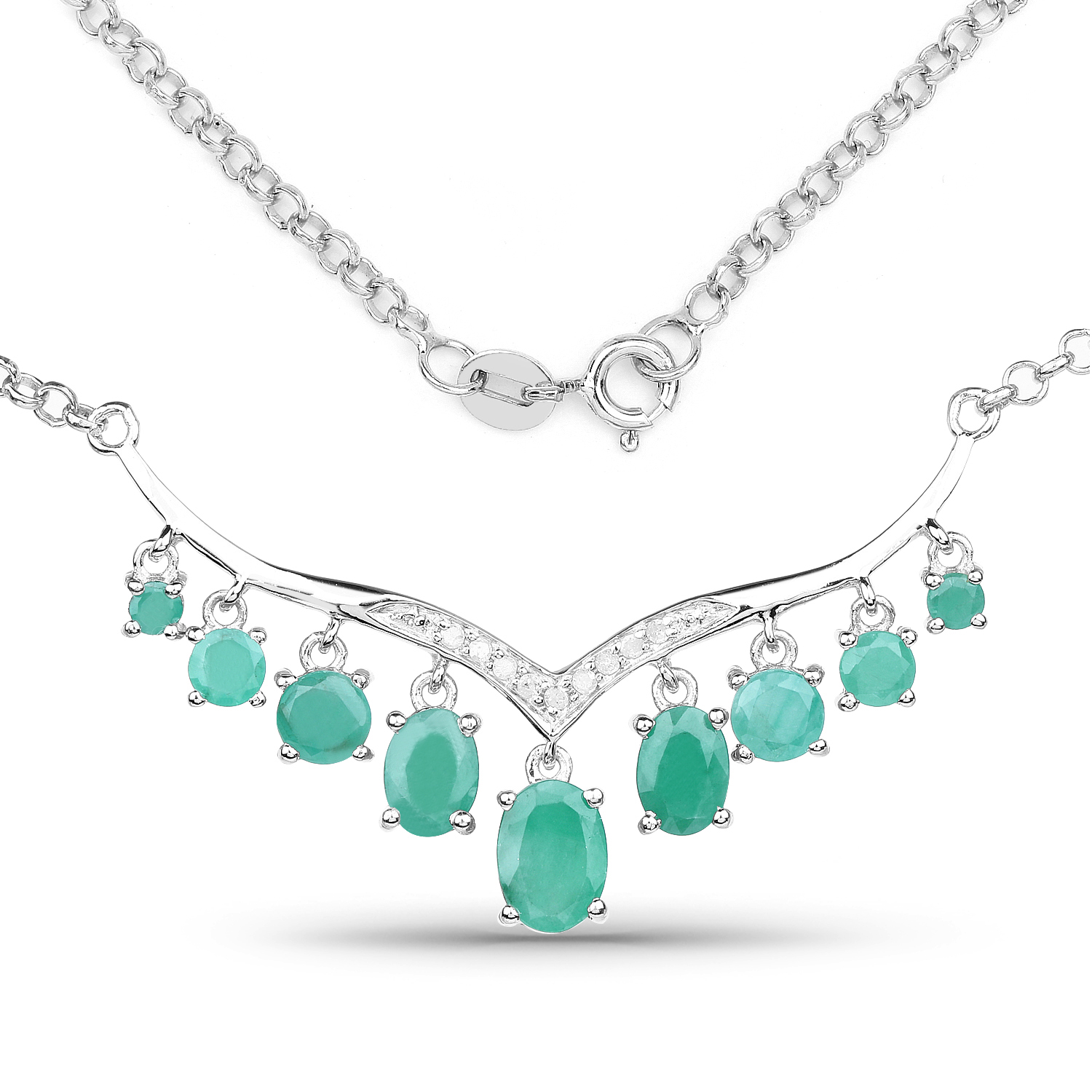 3.98 Carat Genuine Emerald and White Diamond .925 Sterling Silver Necklace