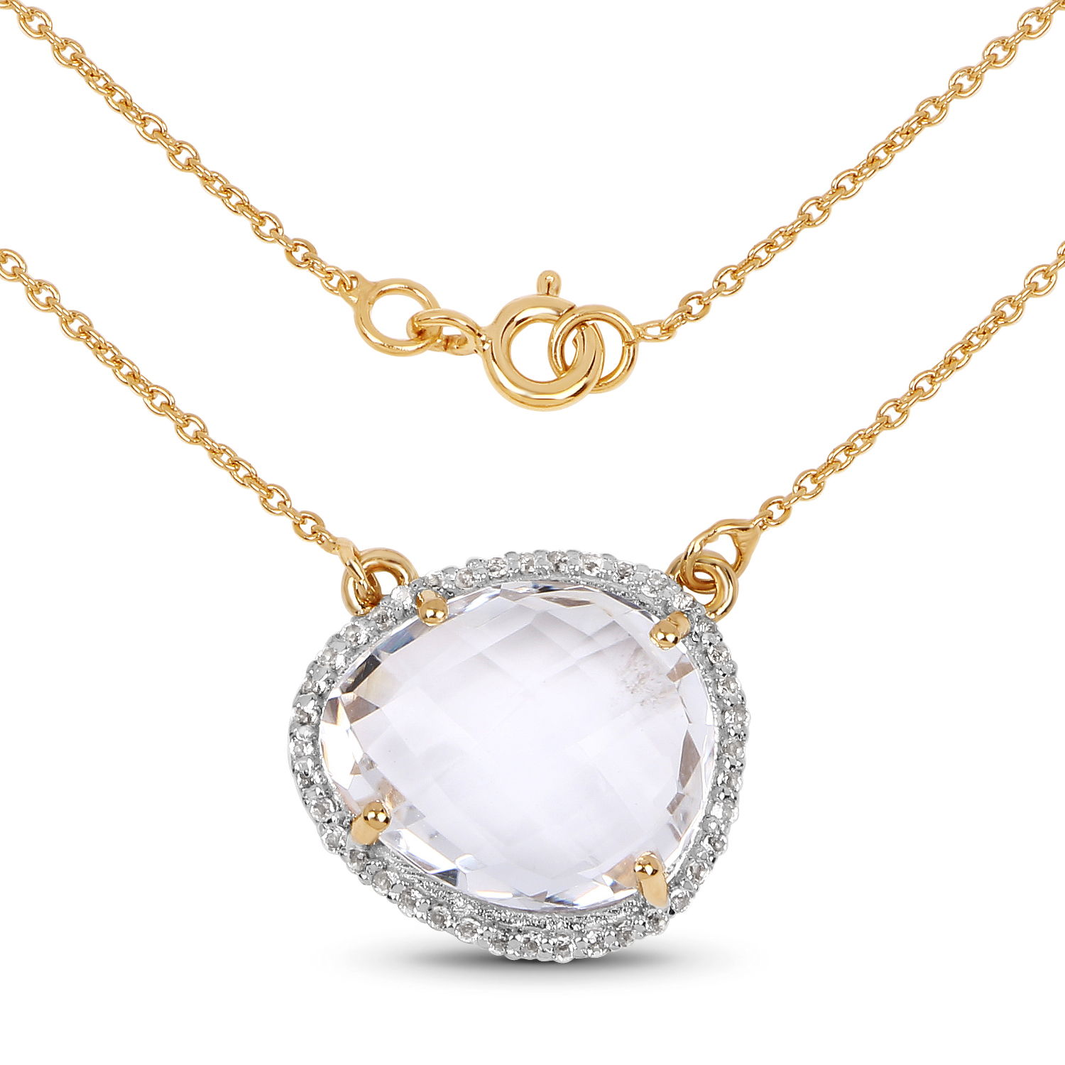 14K Yellow Gold Plated 9.68 Carat Genuine Crystal Quartz and White Topaz .925 Sterling Silver Necklace