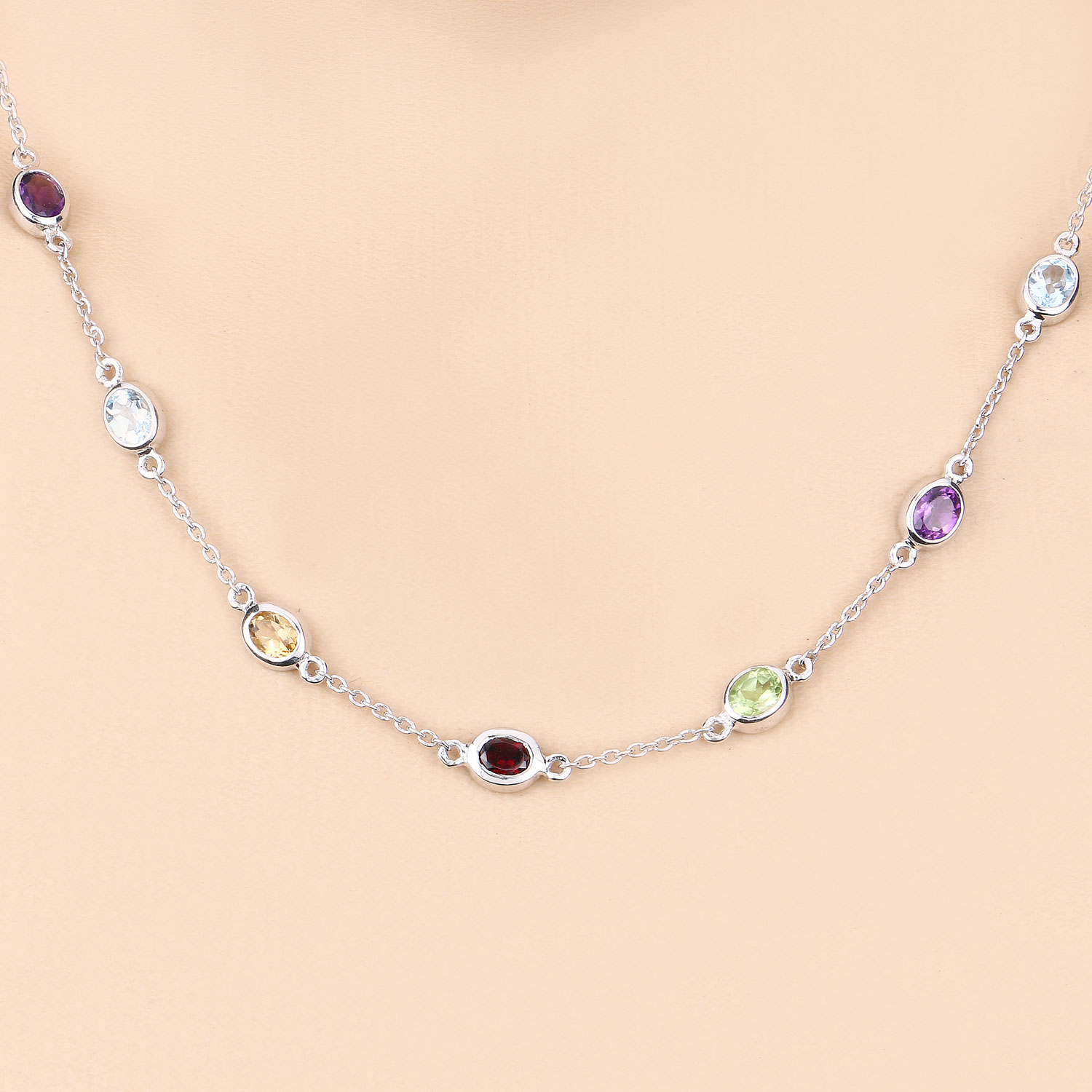6.52 Carat Genuine Multi Stones .925 Sterling Silver Necklace