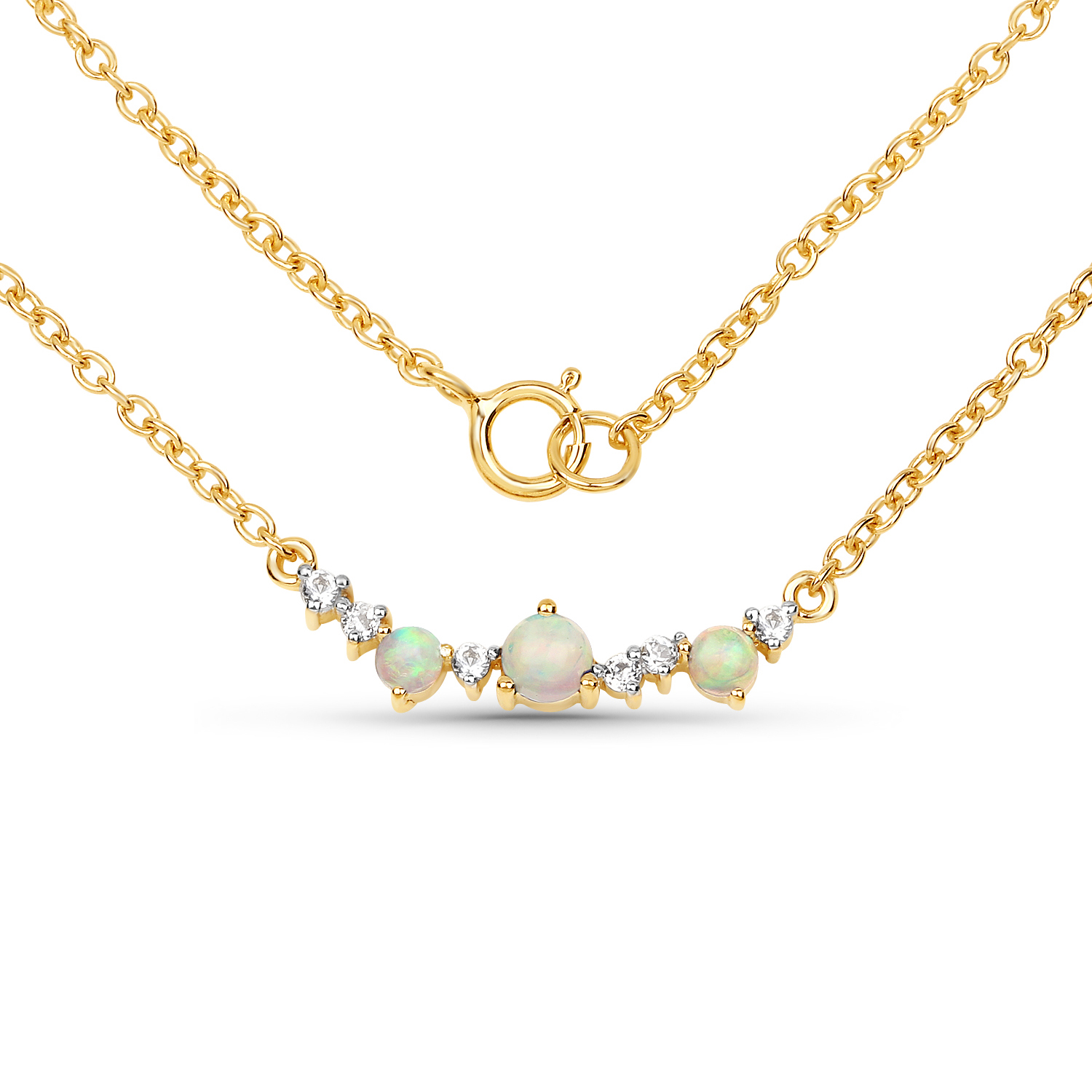 18K Yellow Gold Plated 0.34 Carat Genuine Ethiopian Opal and White Topaz .925 Sterling Silver Necklace