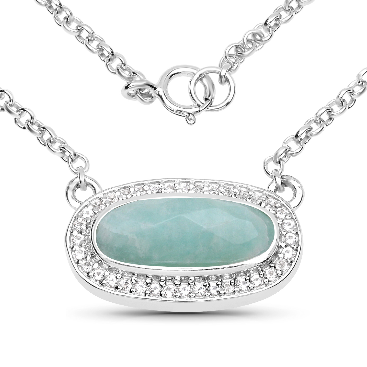 2.60 Carat Genuine Amazonite and White Topaz .925 Sterling Silver Necklace