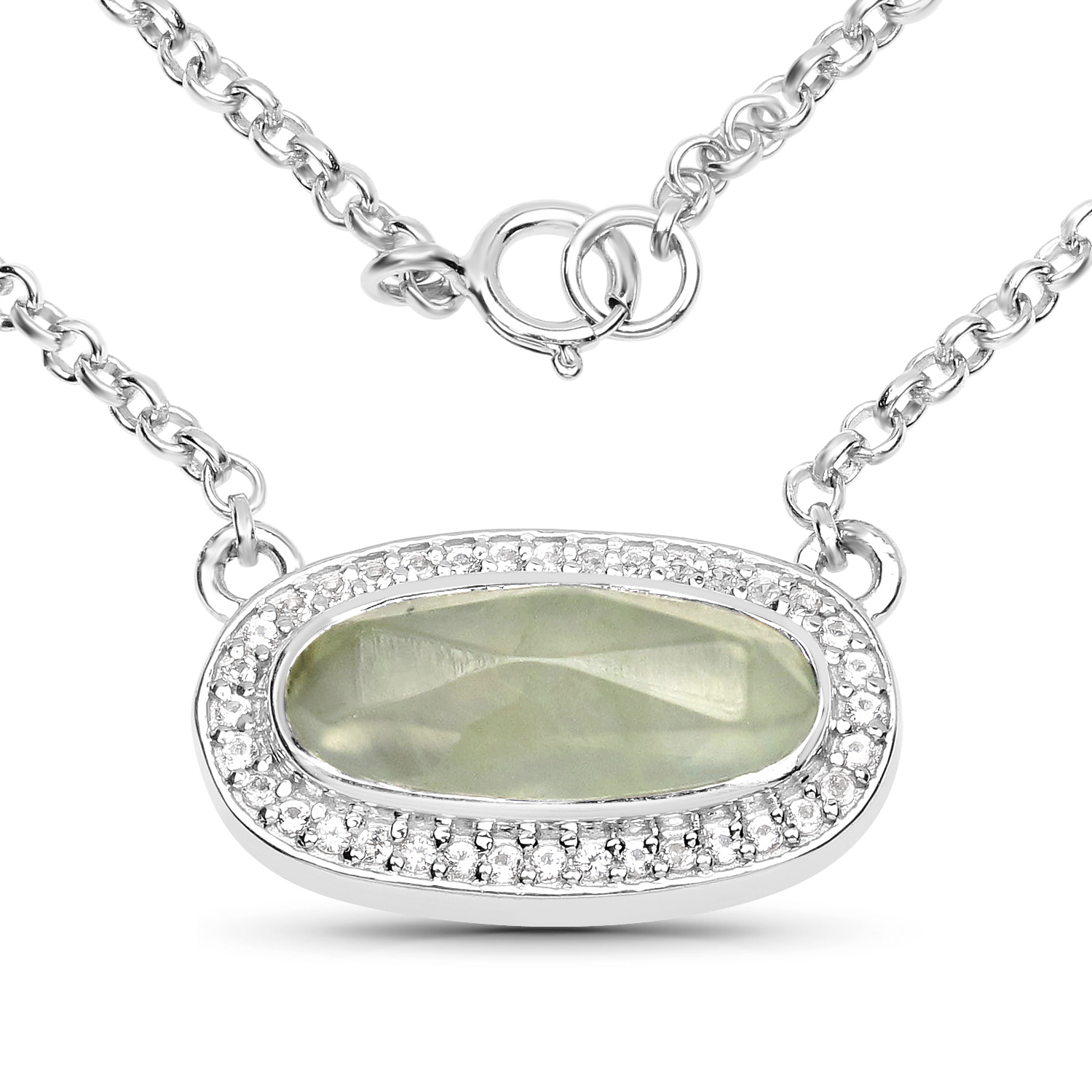 2.68 Carat Genuine Prehnite and White Topaz .925 Sterling Silver Necklace