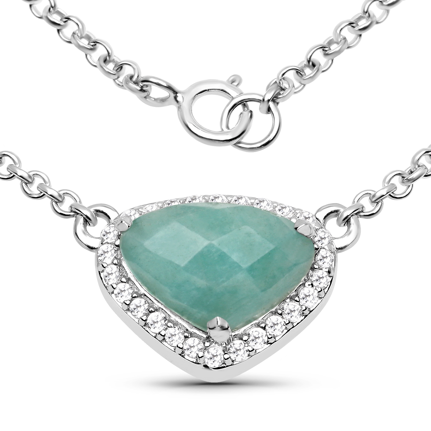3.38 Carat Genuine Amazonite and White Topaz .925 Sterling Silver Necklace