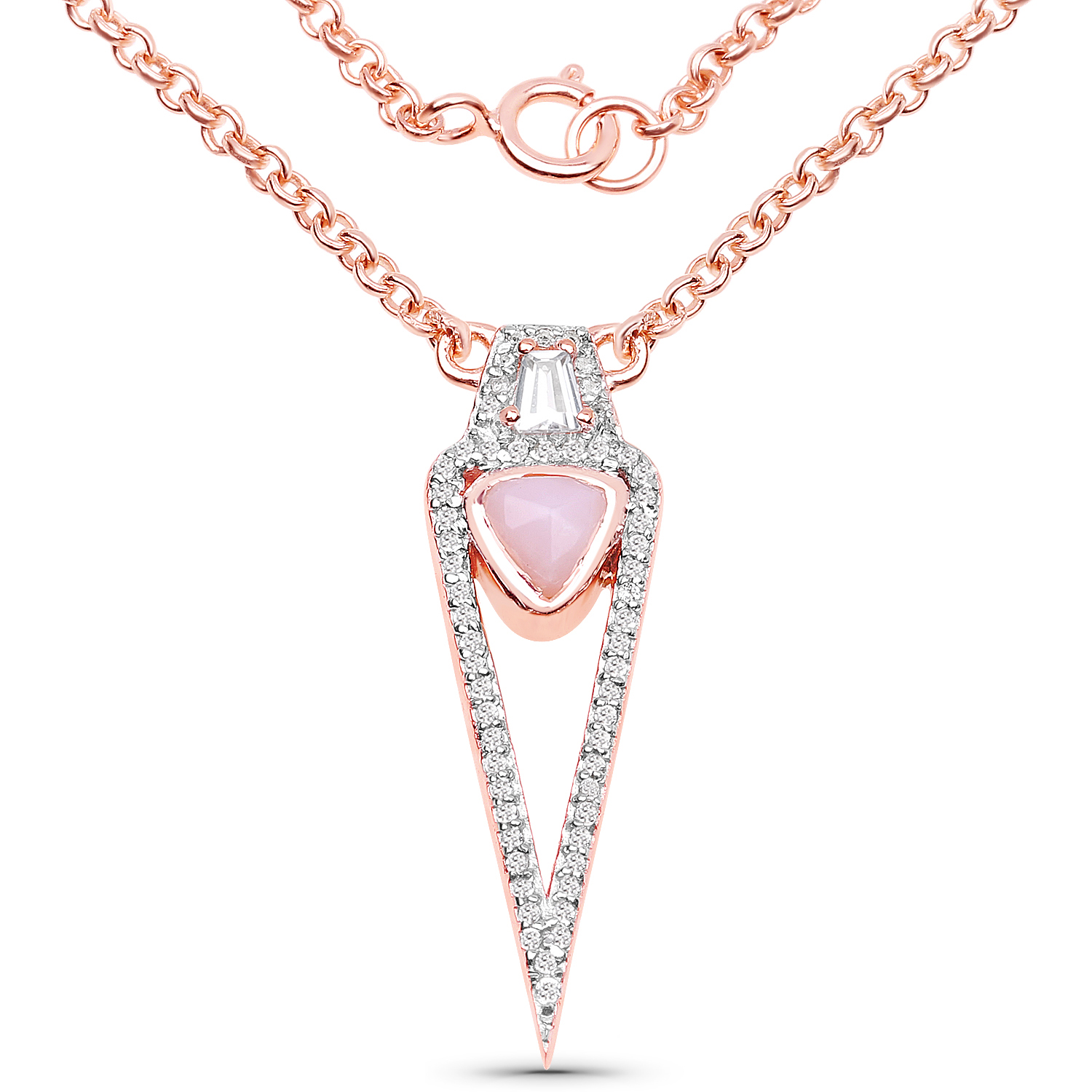18K Rose Gold Plated 0.76 Carat Genuine Pink Opal and White Topaz .925 Sterling Silver Necklace