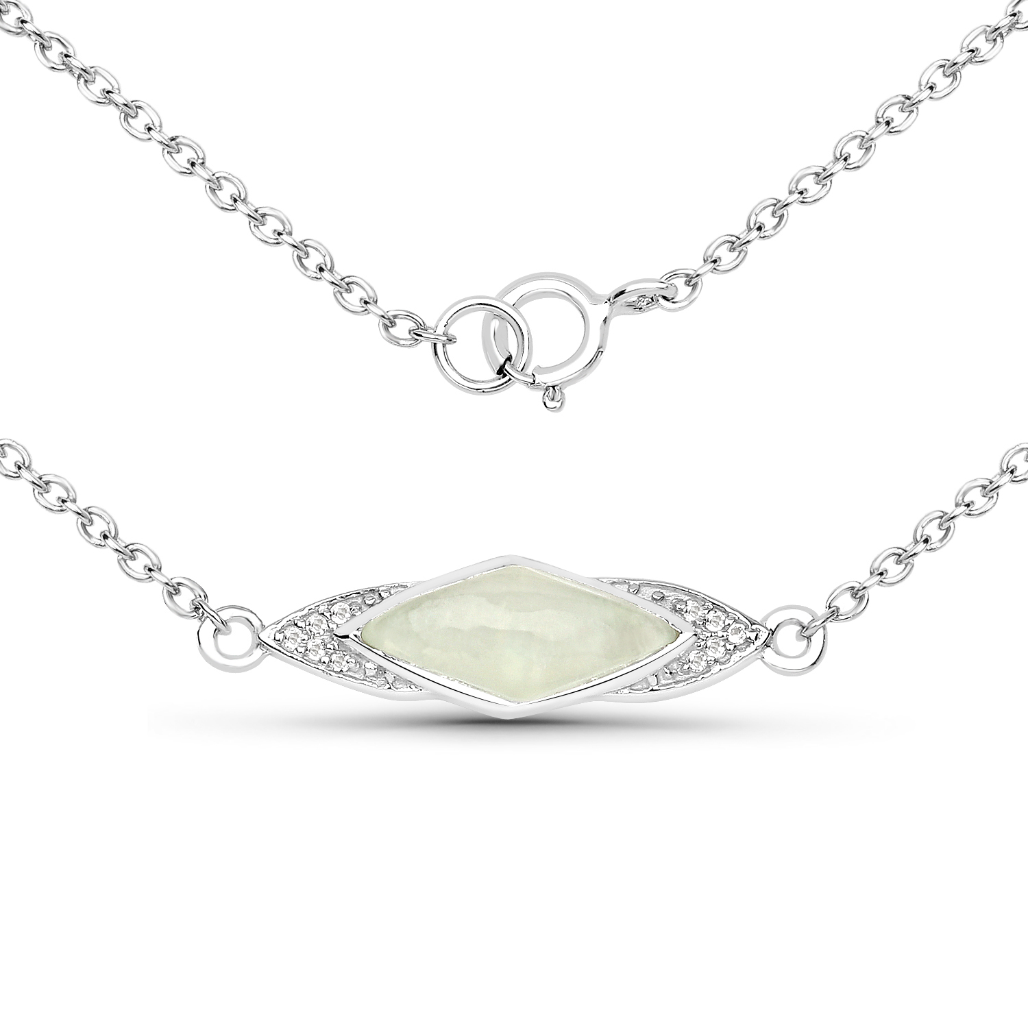 1.37 Carat Genuine Prehnite and White Topaz .925 Sterling Silver Necklace