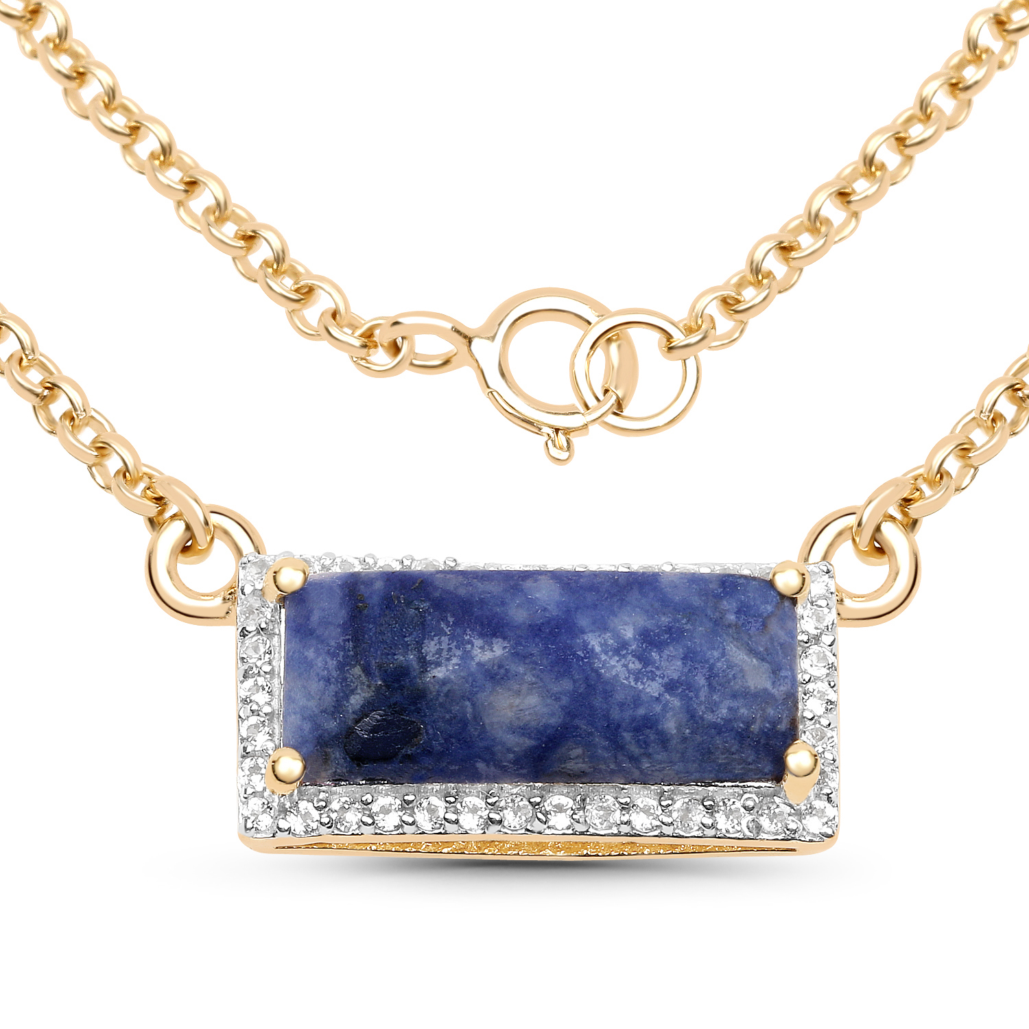 18K Yellow Gold Plated 2.35 Carat Genuine Blue Aventurine and White Topaz .925 Sterling Silver Necklace