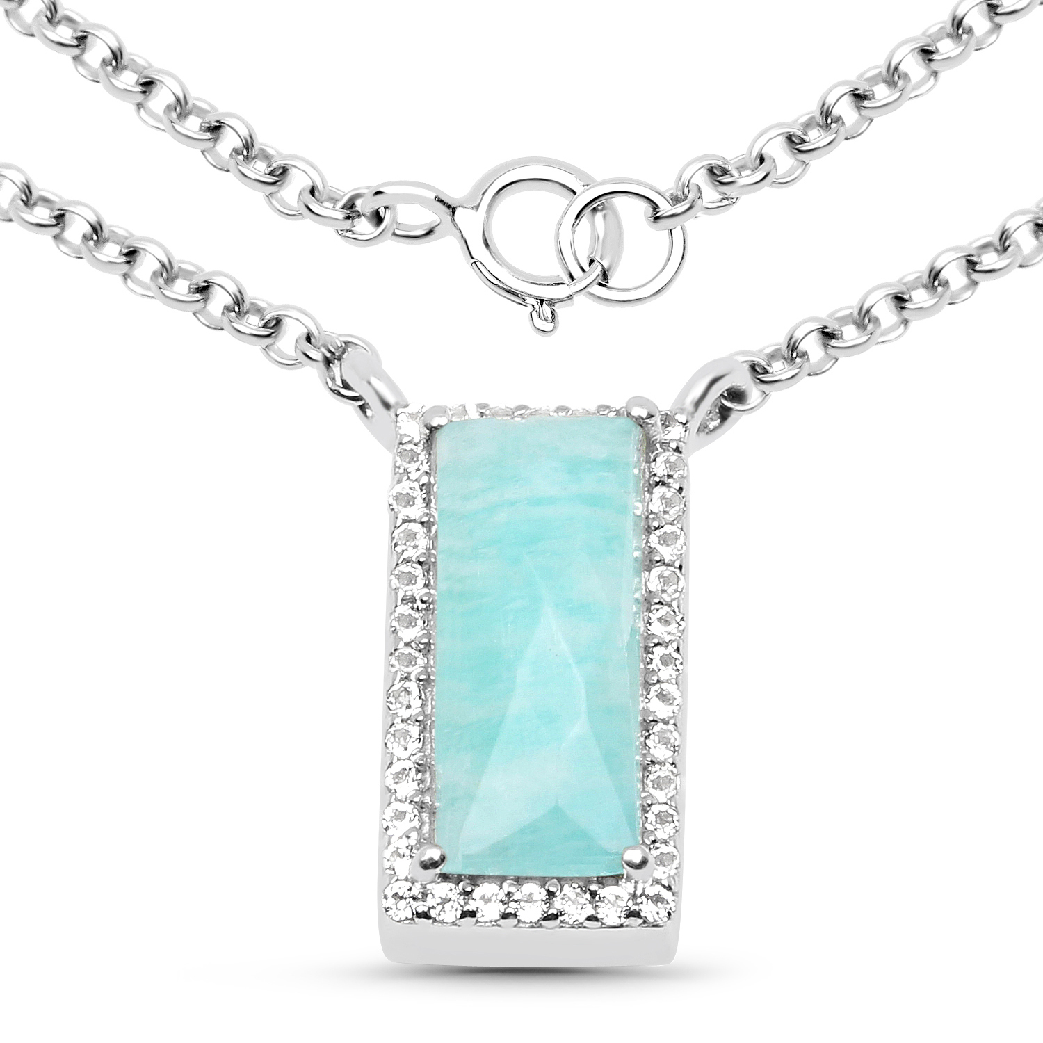 1.66 Carat Genuine Amazonite and White Topaz .925 Sterling Silver Necklace