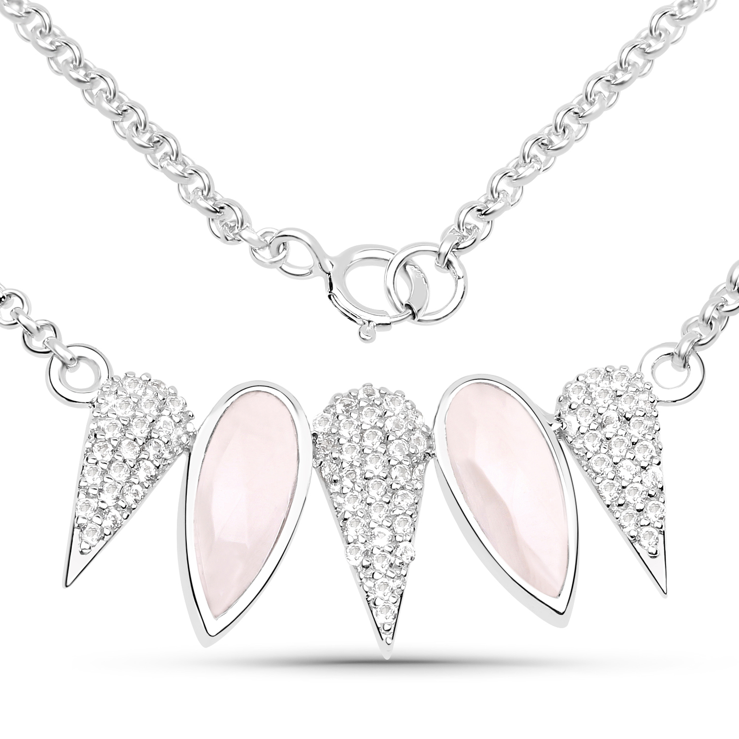 4.34 Carat Genuine Rose Quartz and White Topaz .925 Sterling Silver Necklace