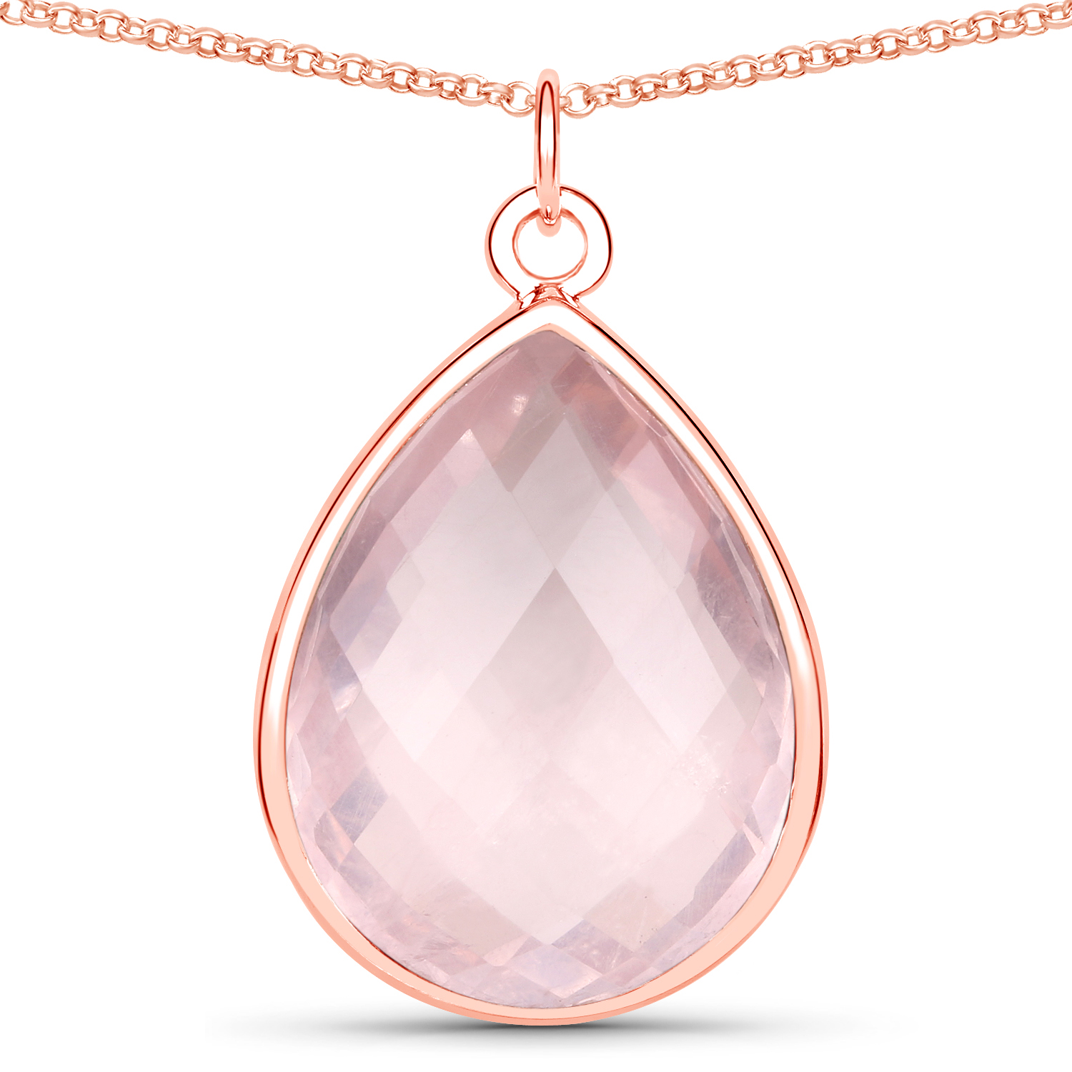18K Rose Gold Plated 12.90 Carat Genuine Rose Quartz .925 Sterling Silver Necklace