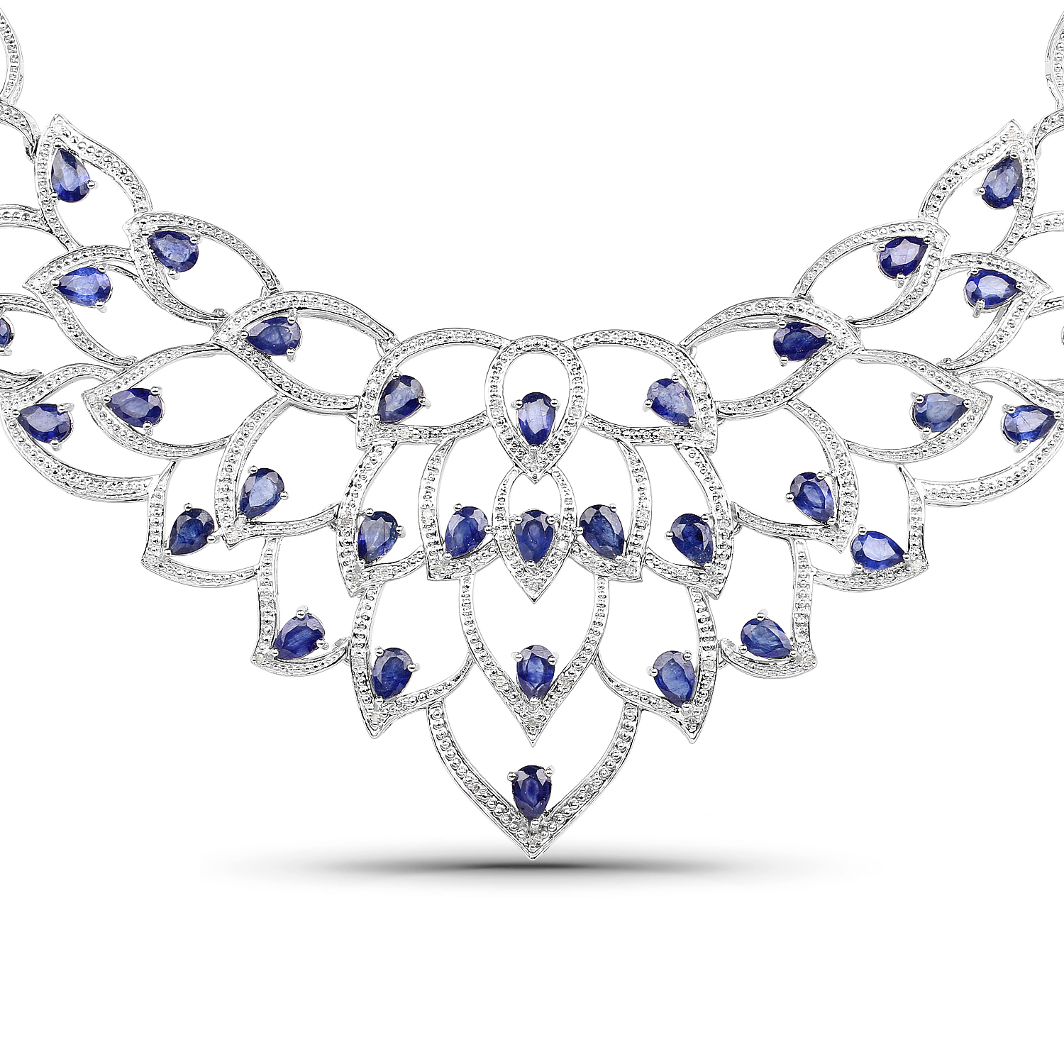 31.10 Carat Genuine Glass Filled Sapphire and White Diamond .925 Sterling Silver Necklace
