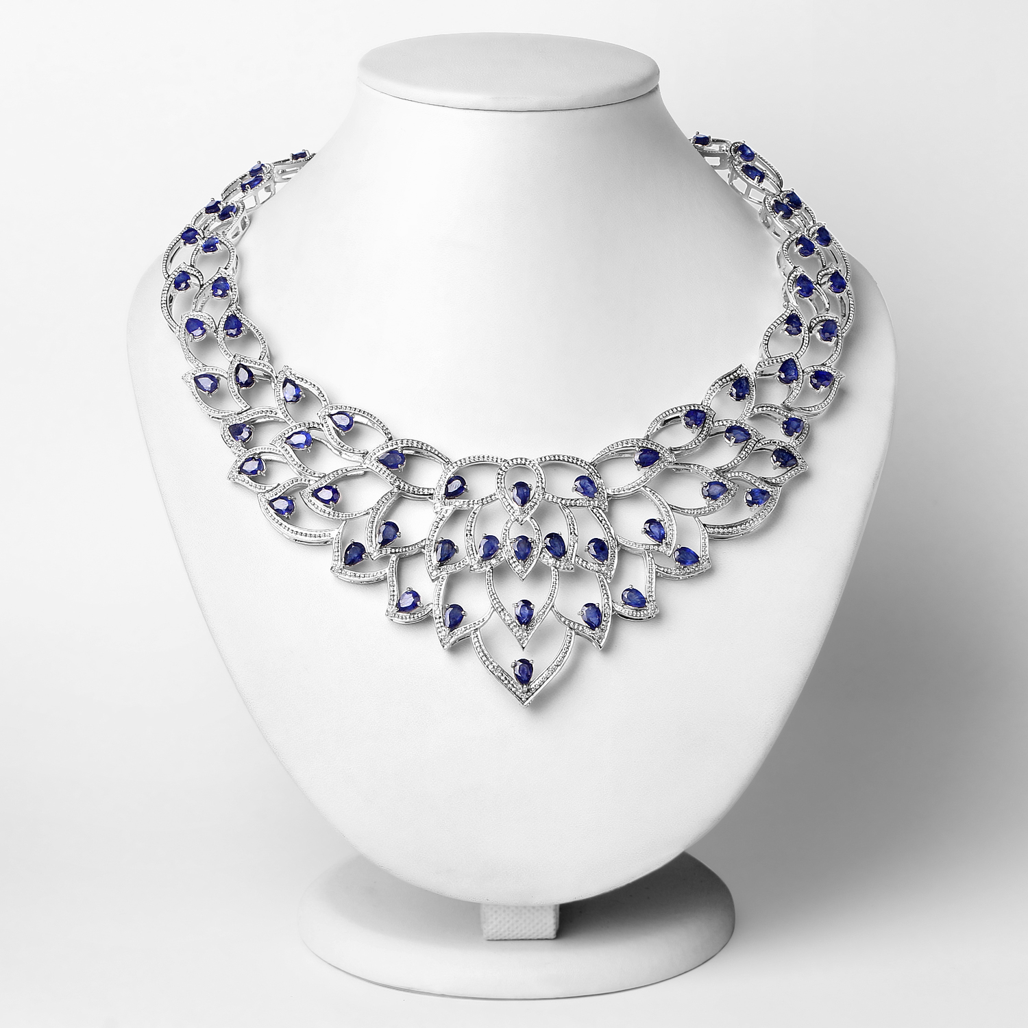 31.10 Carat Genuine Glass Filled Sapphire and White Diamond .925 Sterling Silver Necklace