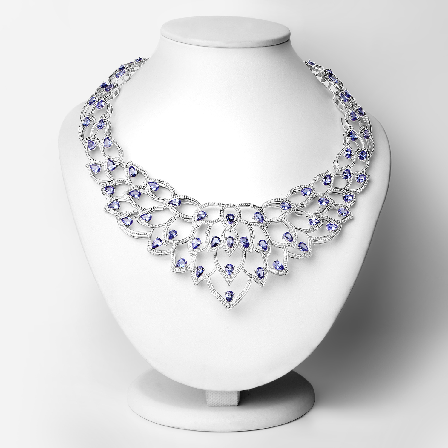 25.66 Carat Genuine Tanzanite and White Diamond .925 Sterling Silver Necklace