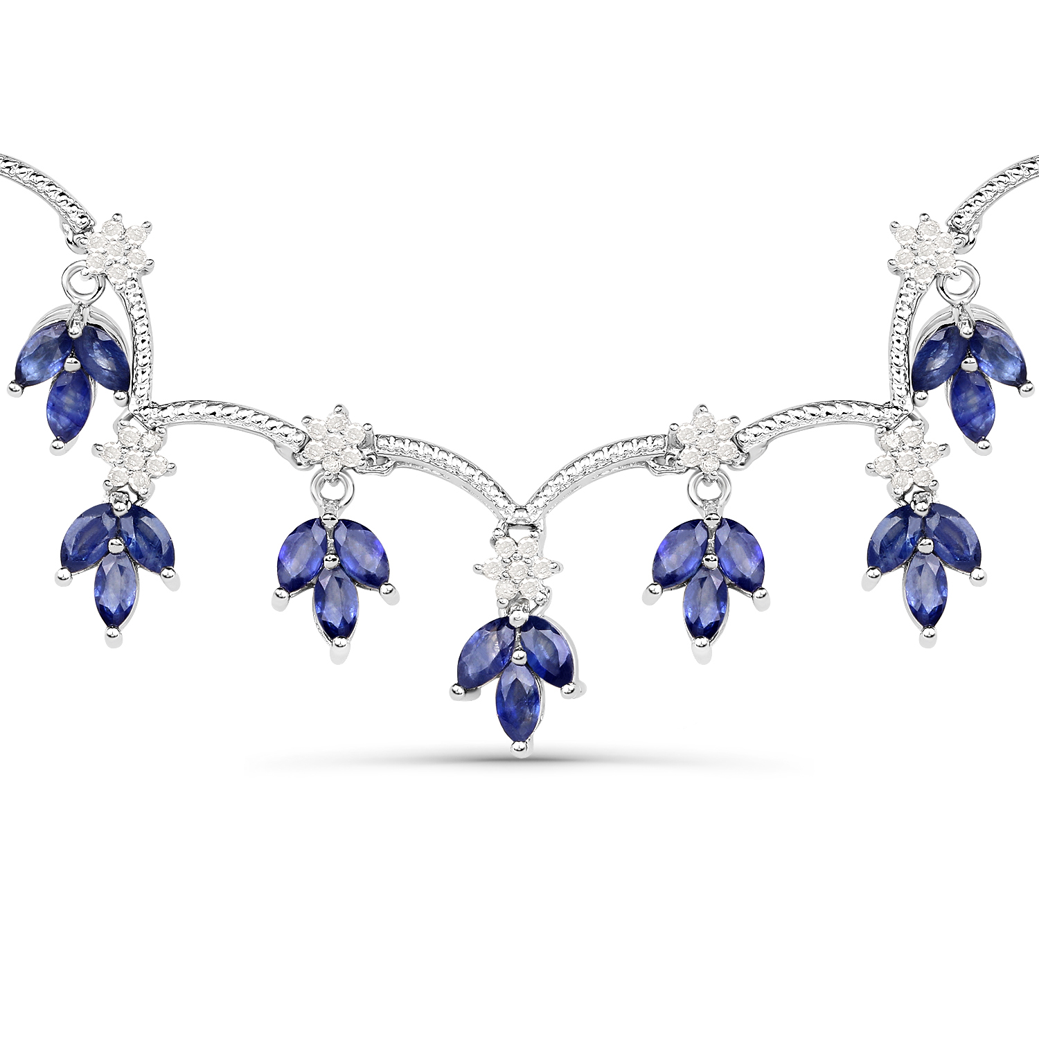 13.53 Carat Genuine Glass Filled Sapphire and White Diamond .925 Sterling Silver Necklace