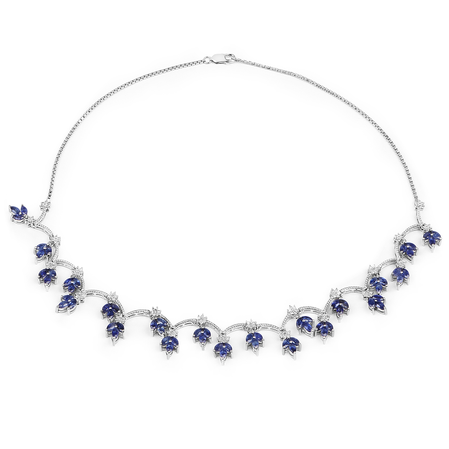13.53 Carat Genuine Glass Filled Sapphire and White Diamond .925 Sterling Silver Necklace