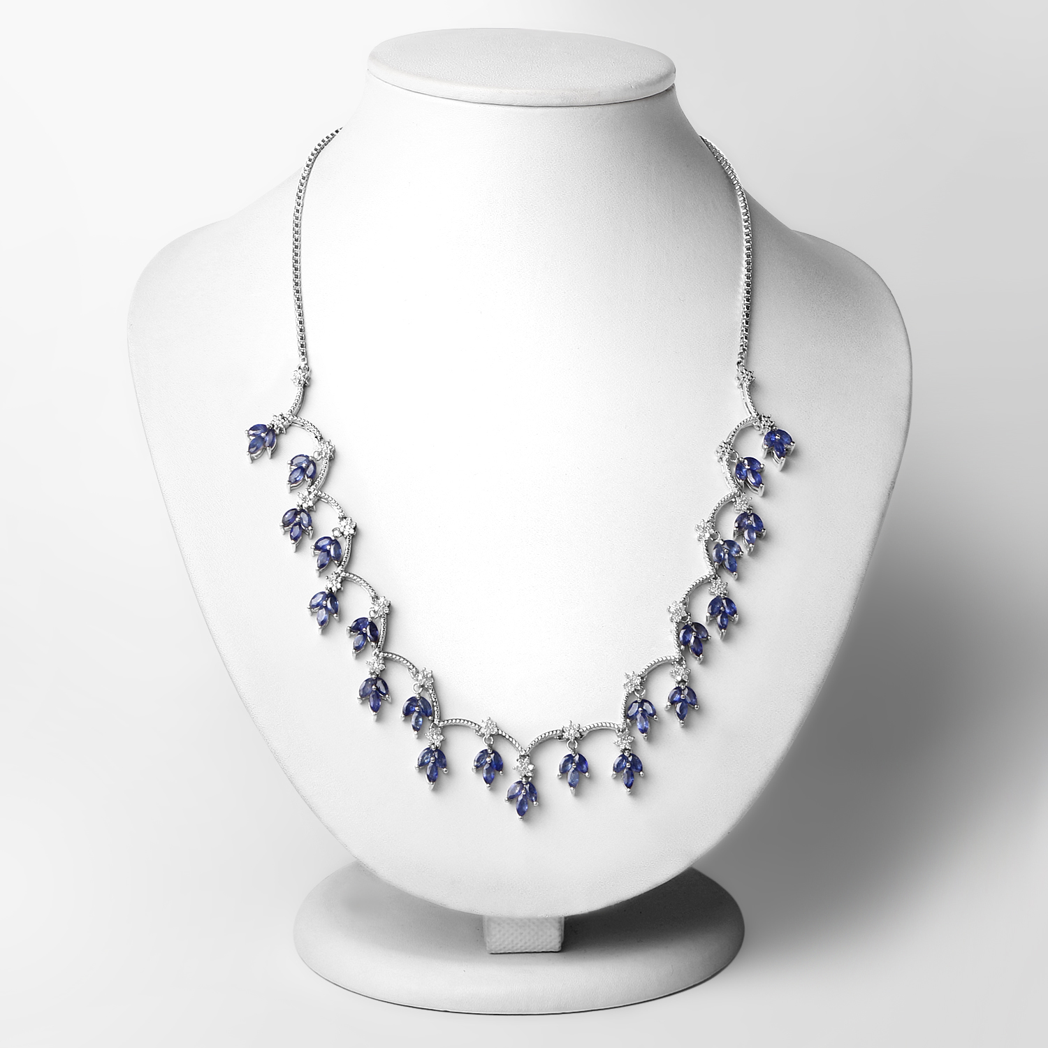 13.53 Carat Genuine Glass Filled Sapphire and White Diamond .925 Sterling Silver Necklace
