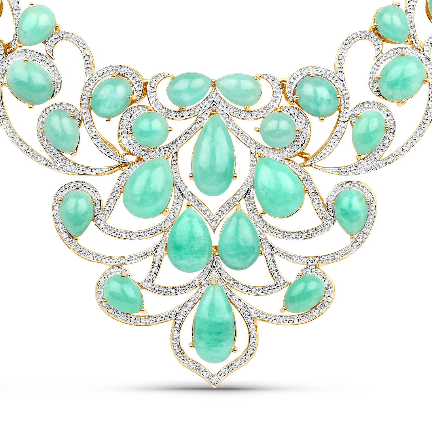 18K Yellow Gold Plated 110.54 Carat Genuine Emerald and White Diamond .925 Sterling Silver Necklace