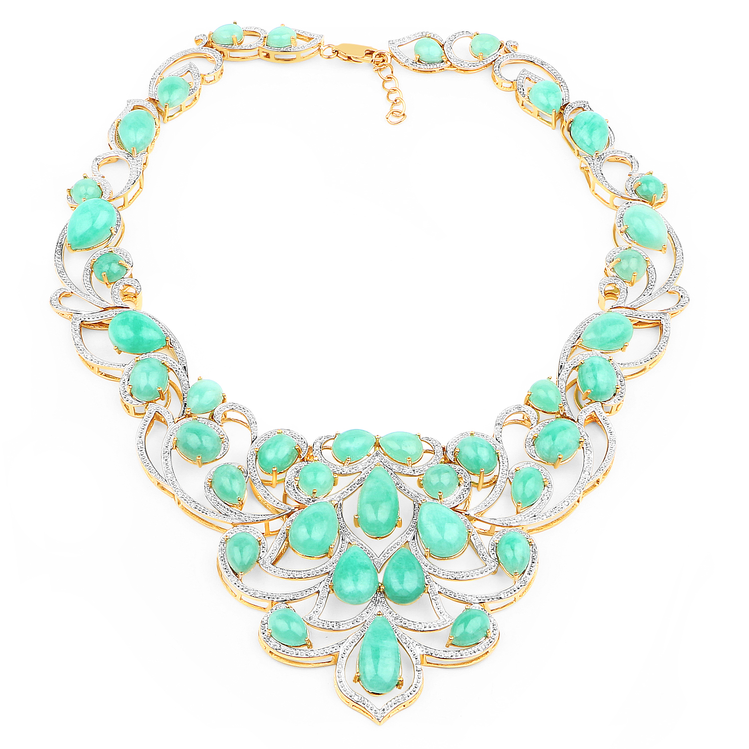 18K Yellow Gold Plated 110.54 Carat Genuine Emerald and White Diamond .925 Sterling Silver Necklace