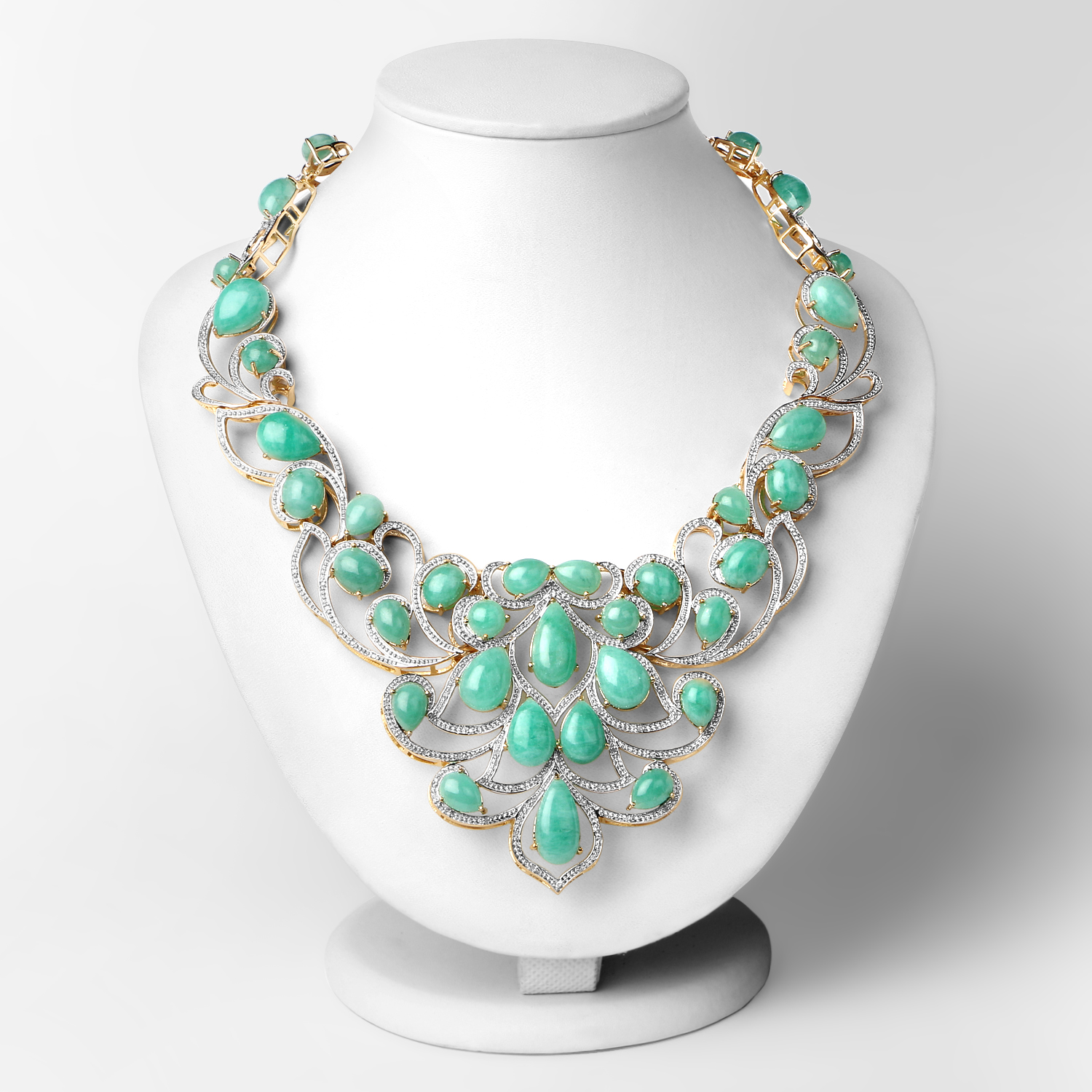 18K Yellow Gold Plated 110.54 Carat Genuine Emerald and White Diamond .925 Sterling Silver Necklace