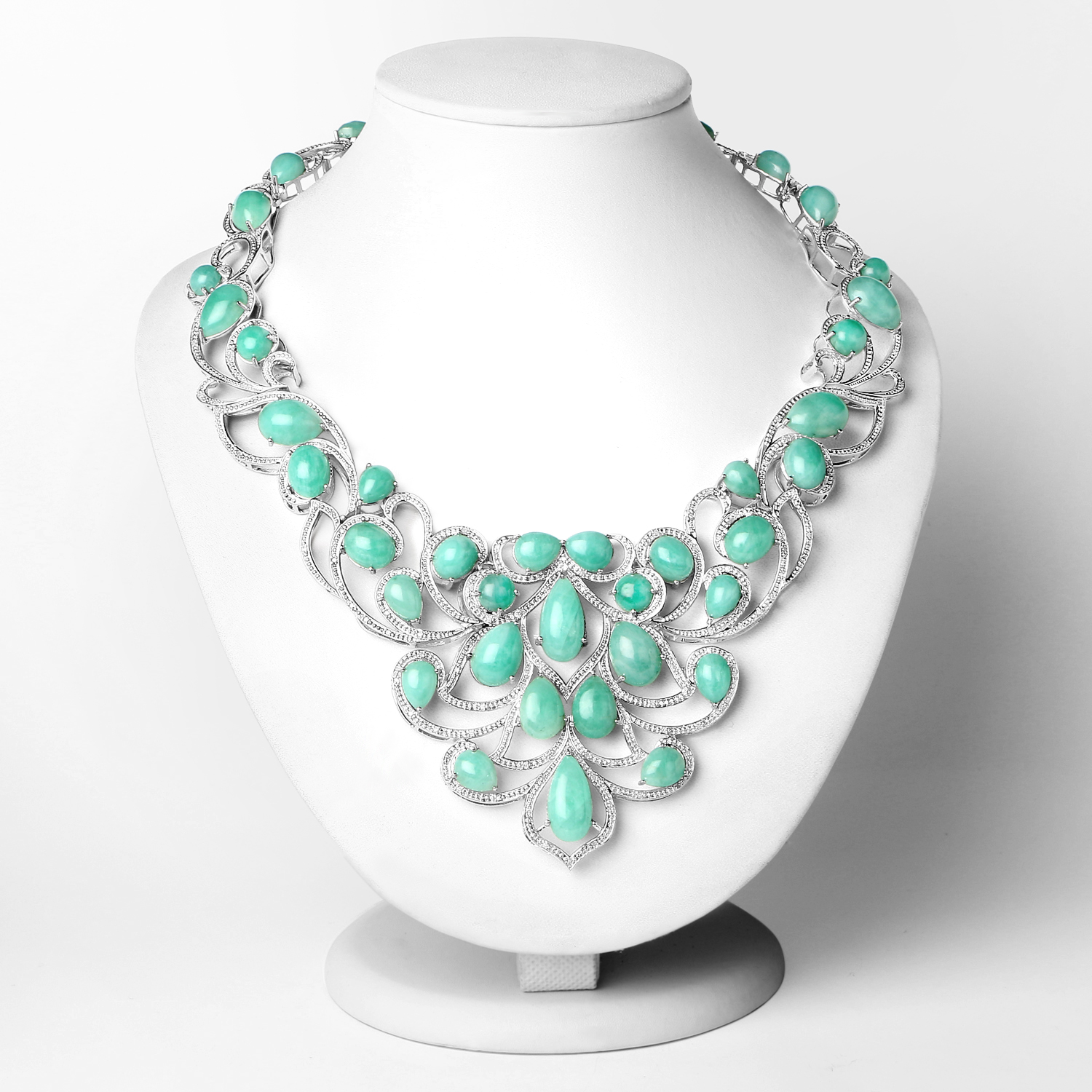 110.54 Carat Genuine Emerald and White Diamond .925 Sterling Silver Necklace