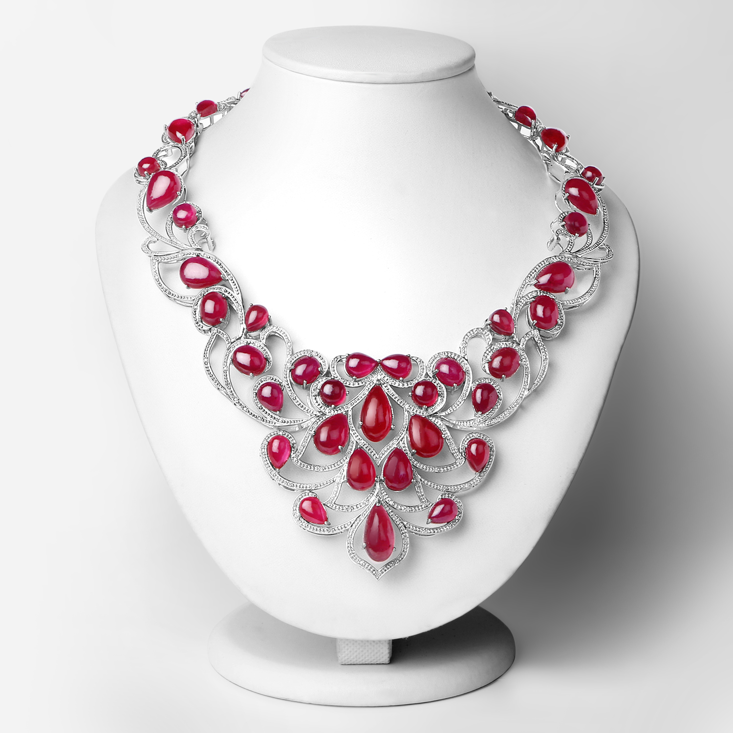 160.14 Carat Glass Filled Ruby and White Diamond .925 Sterling Silver Necklace