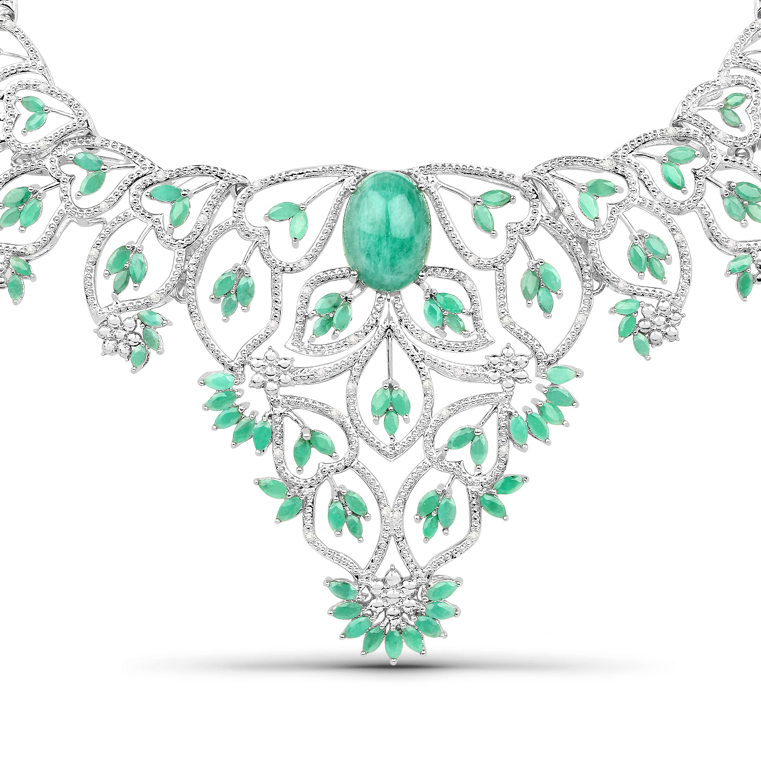 27.97 Carat Genuine Emerald and White Diamond .925 Sterling Silver Necklace