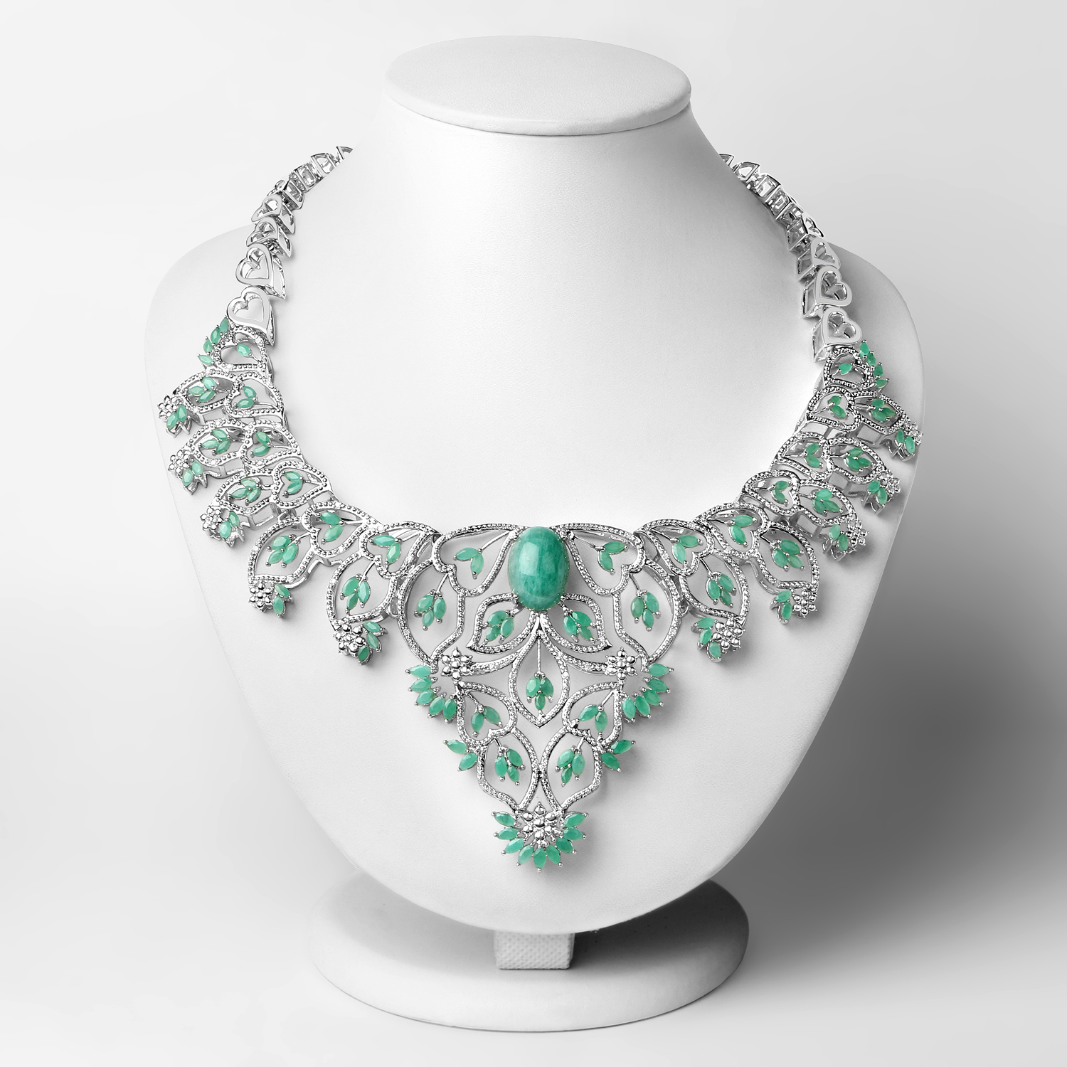 27.97 Carat Genuine Emerald and White Diamond .925 Sterling Silver Necklace