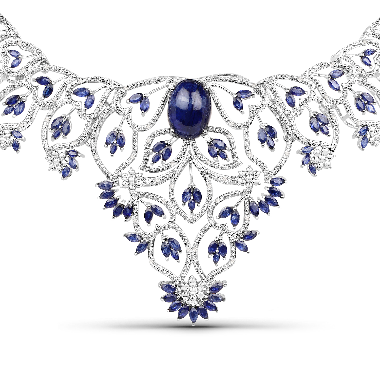 40.93 Carat Genuine Glass Filled Sapphire and White Diamond .925 Sterling Silver Necklace