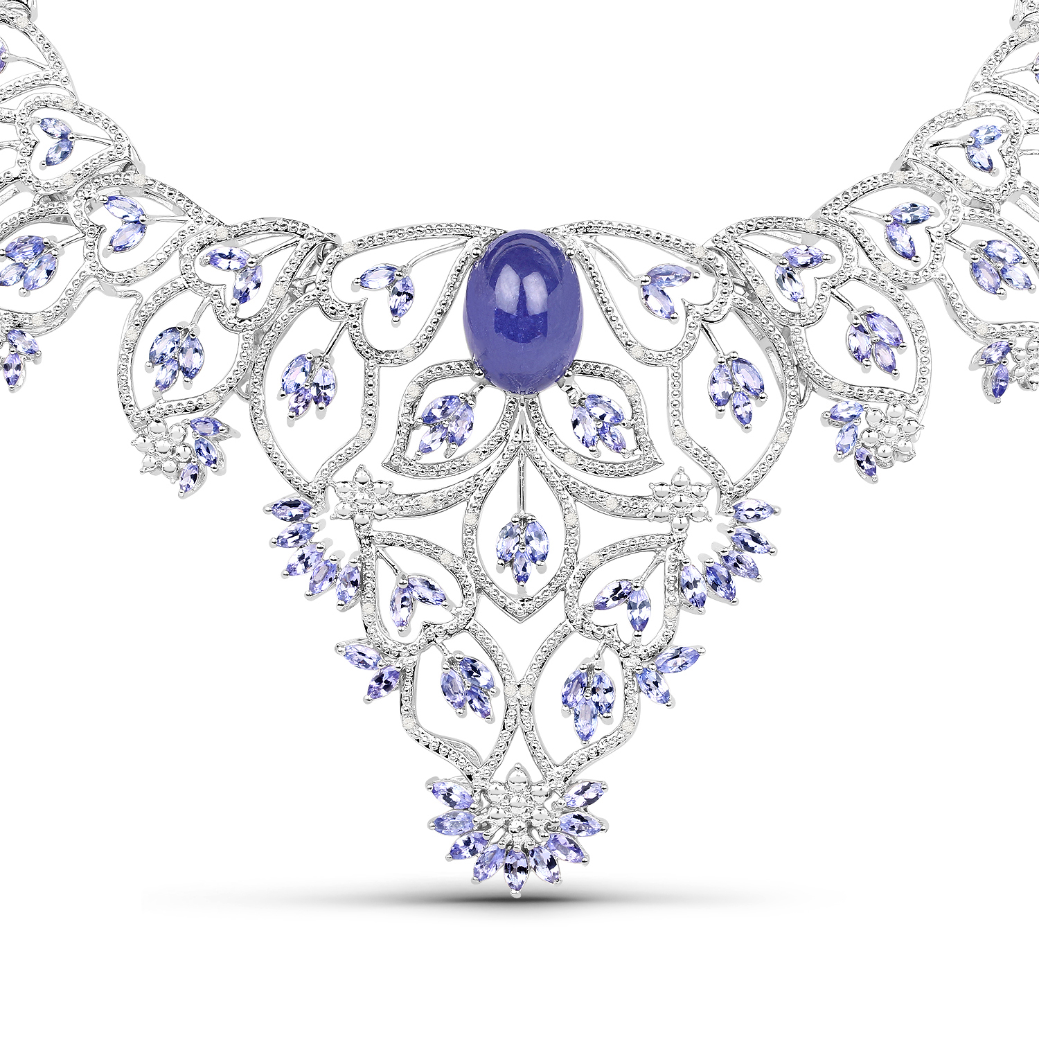 35.90 Carat Genuine Tanzanite and White Diamond .925 Sterling Silver Necklace