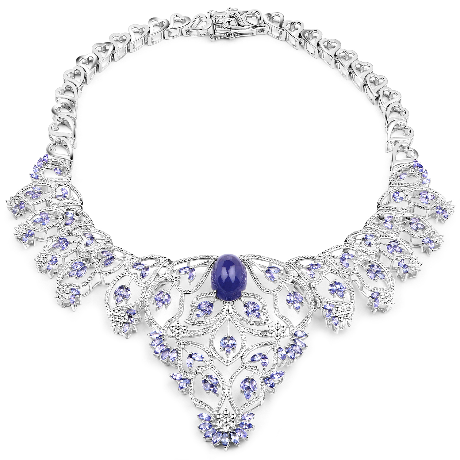35.90 Carat Genuine Tanzanite and White Diamond .925 Sterling Silver Necklace