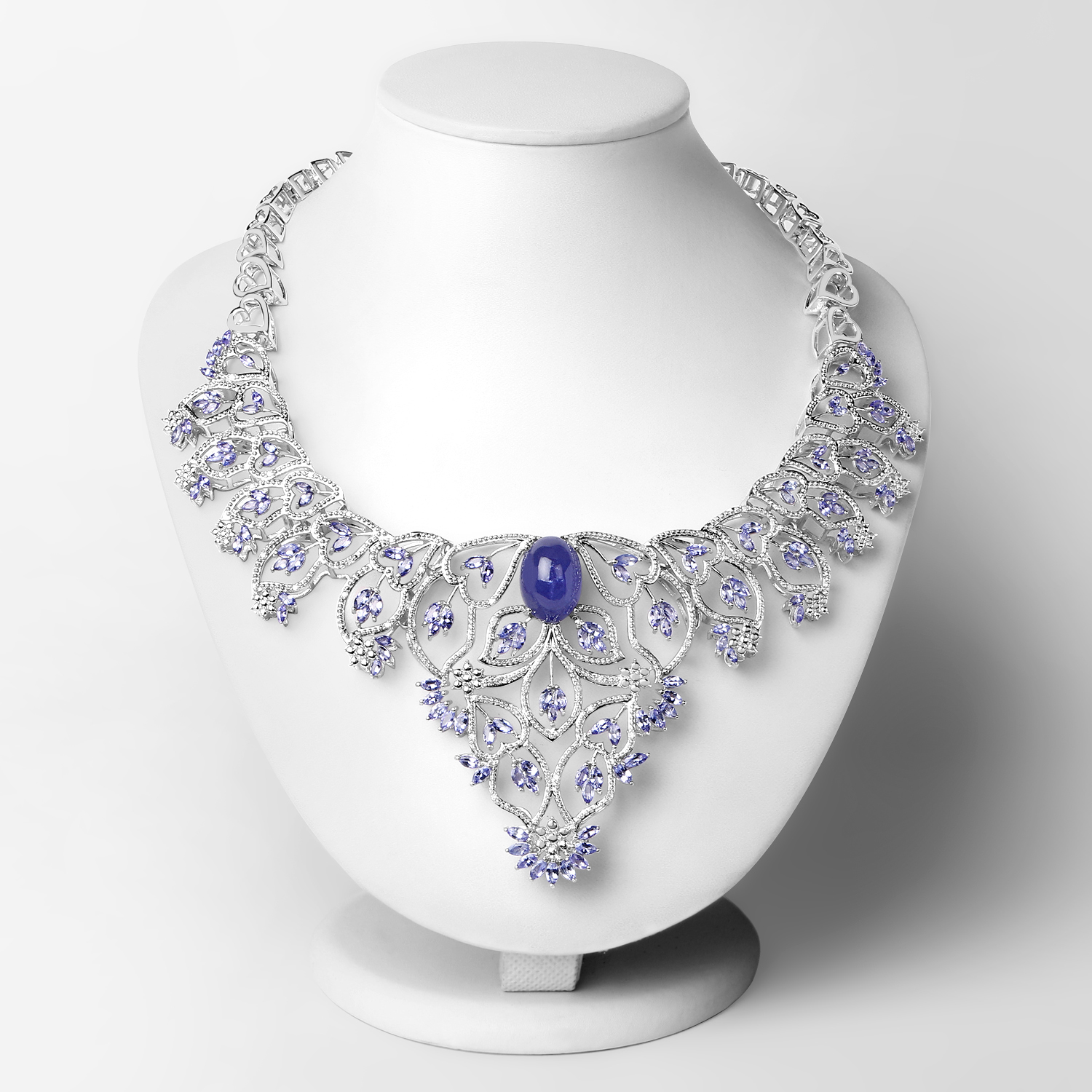35.90 Carat Genuine Tanzanite and White Diamond .925 Sterling Silver Necklace