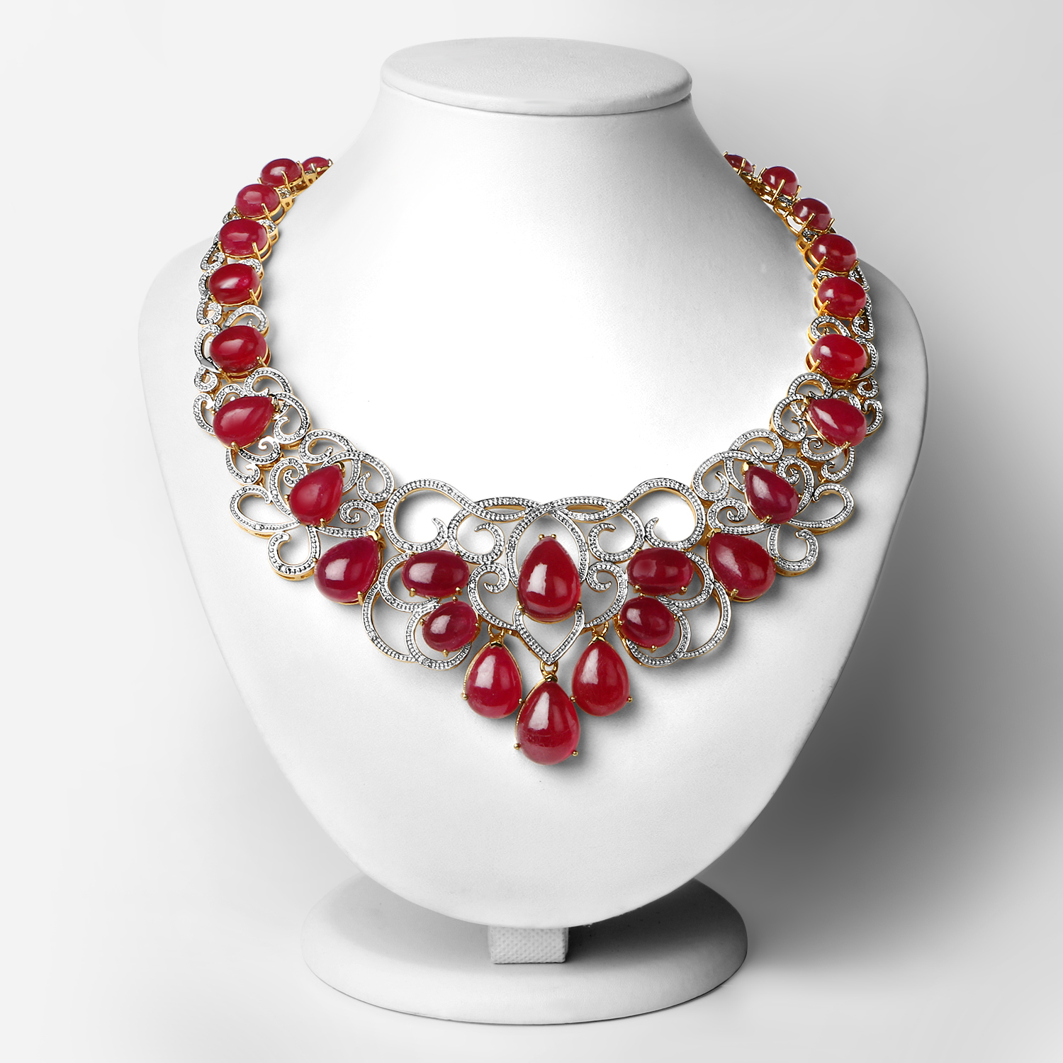 213.20 Carat Glass Filled Ruby and White Diamond .925 Sterling Silver Necklace