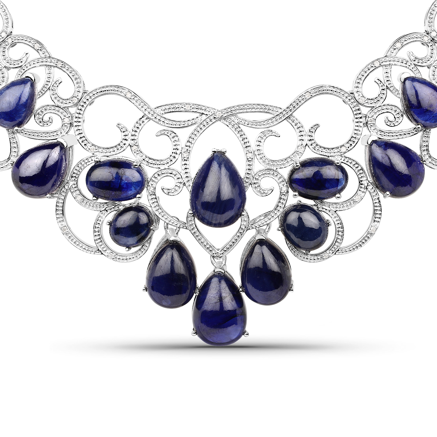 222.88 Carat Genuine Glass Filled Sapphire and White Diamond .925 Sterling Silver Necklace