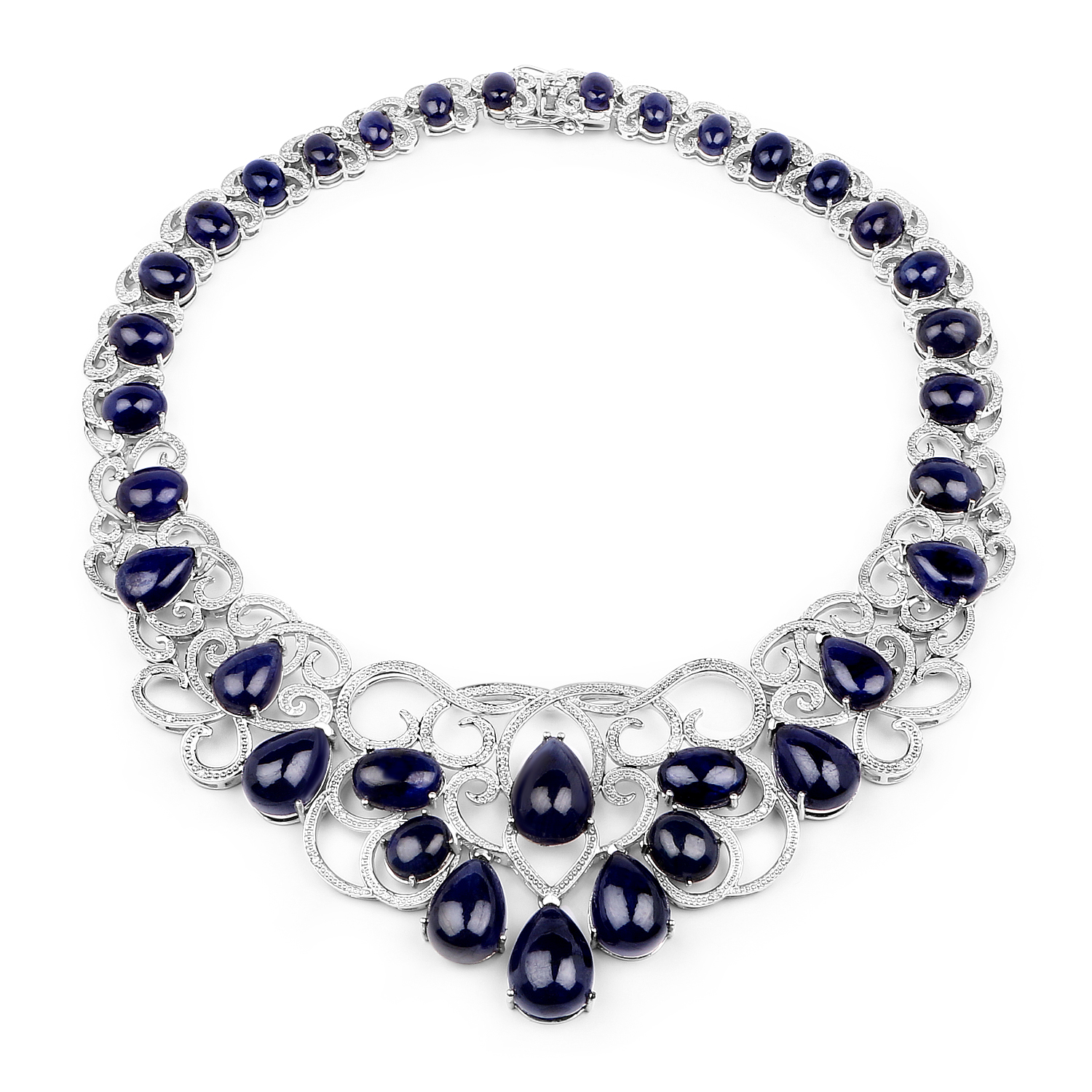 222.88 Carat Genuine Glass Filled Sapphire and White Diamond .925 Sterling Silver Necklace