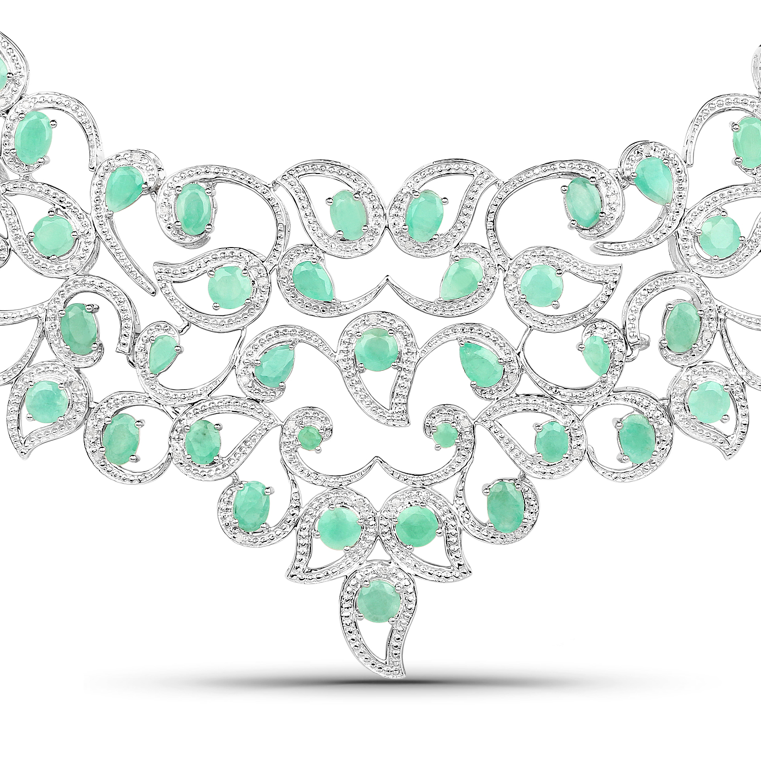 29.17 Carat Genuine Emerald and White Diamond .925 Sterling Silver Necklace