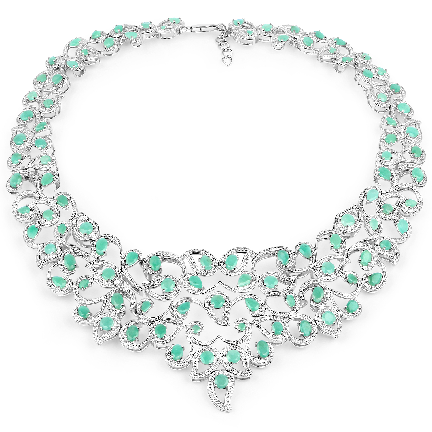 29.17 Carat Genuine Emerald and White Diamond .925 Sterling Silver Necklace