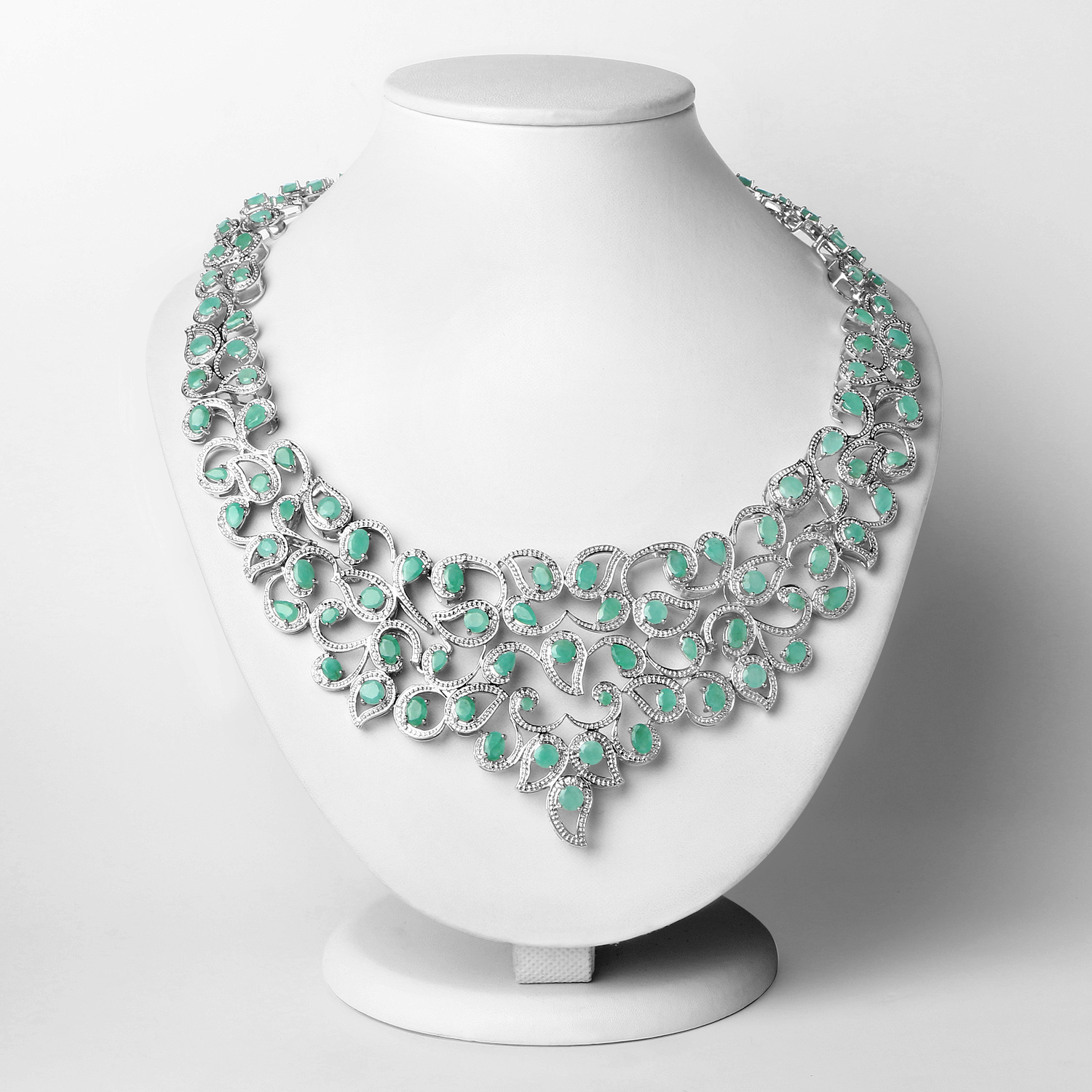 29.17 Carat Genuine Emerald and White Diamond .925 Sterling Silver Necklace
